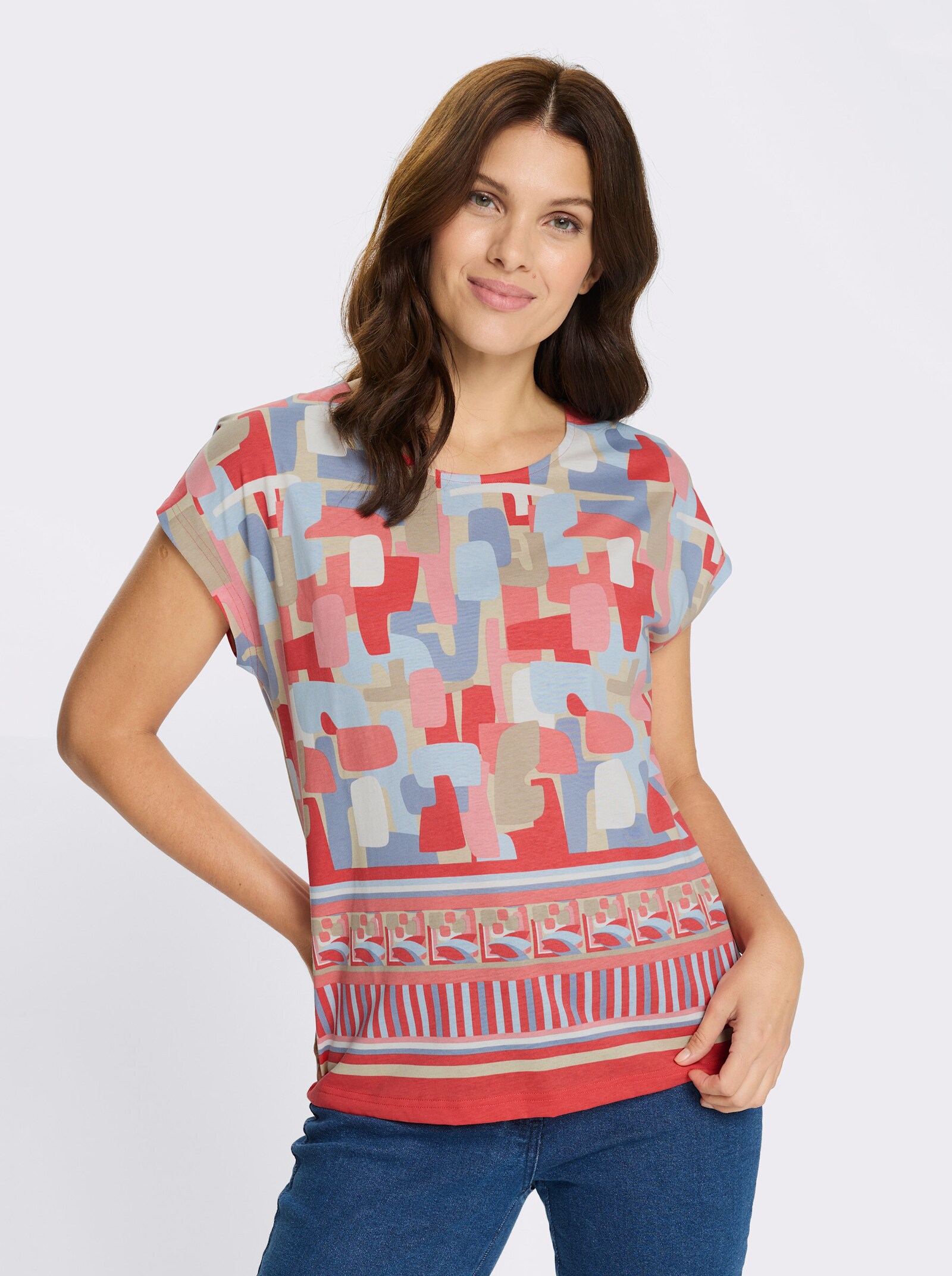 Kurzarmshirt mit buntem Bordüren-Druck - koralle-flamingo-bedruckt