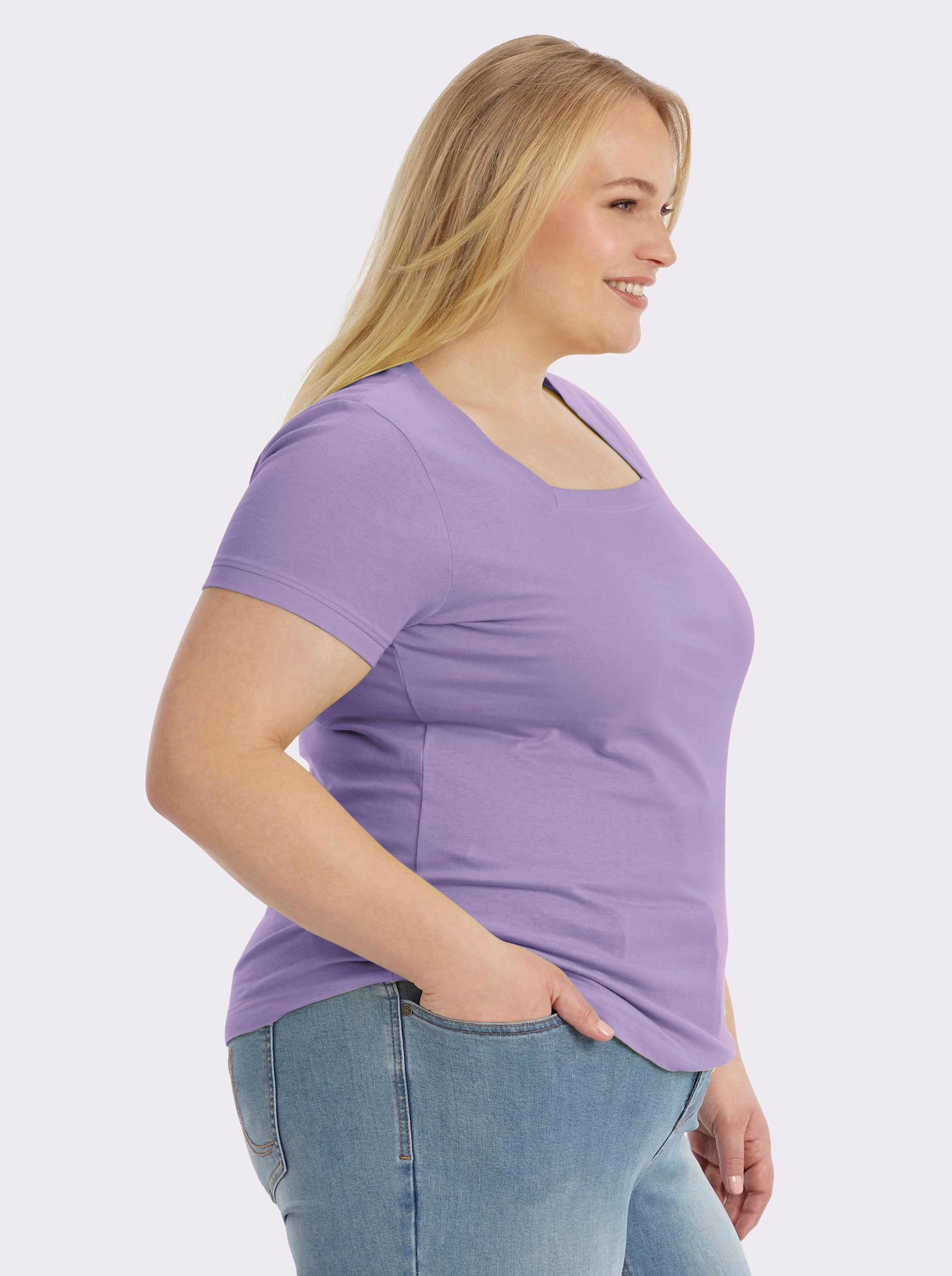 Kurzarmshirt mit Karree-Ausschnitt - lavendel