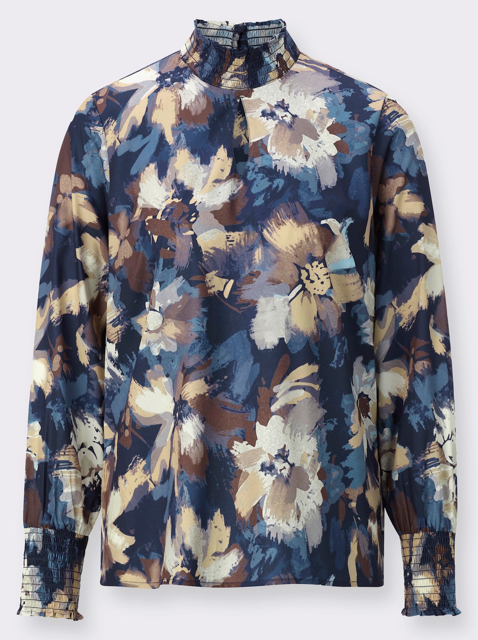 Bluse mit Stehkragen und Digital-Druck - marine-champagner-bedruckt