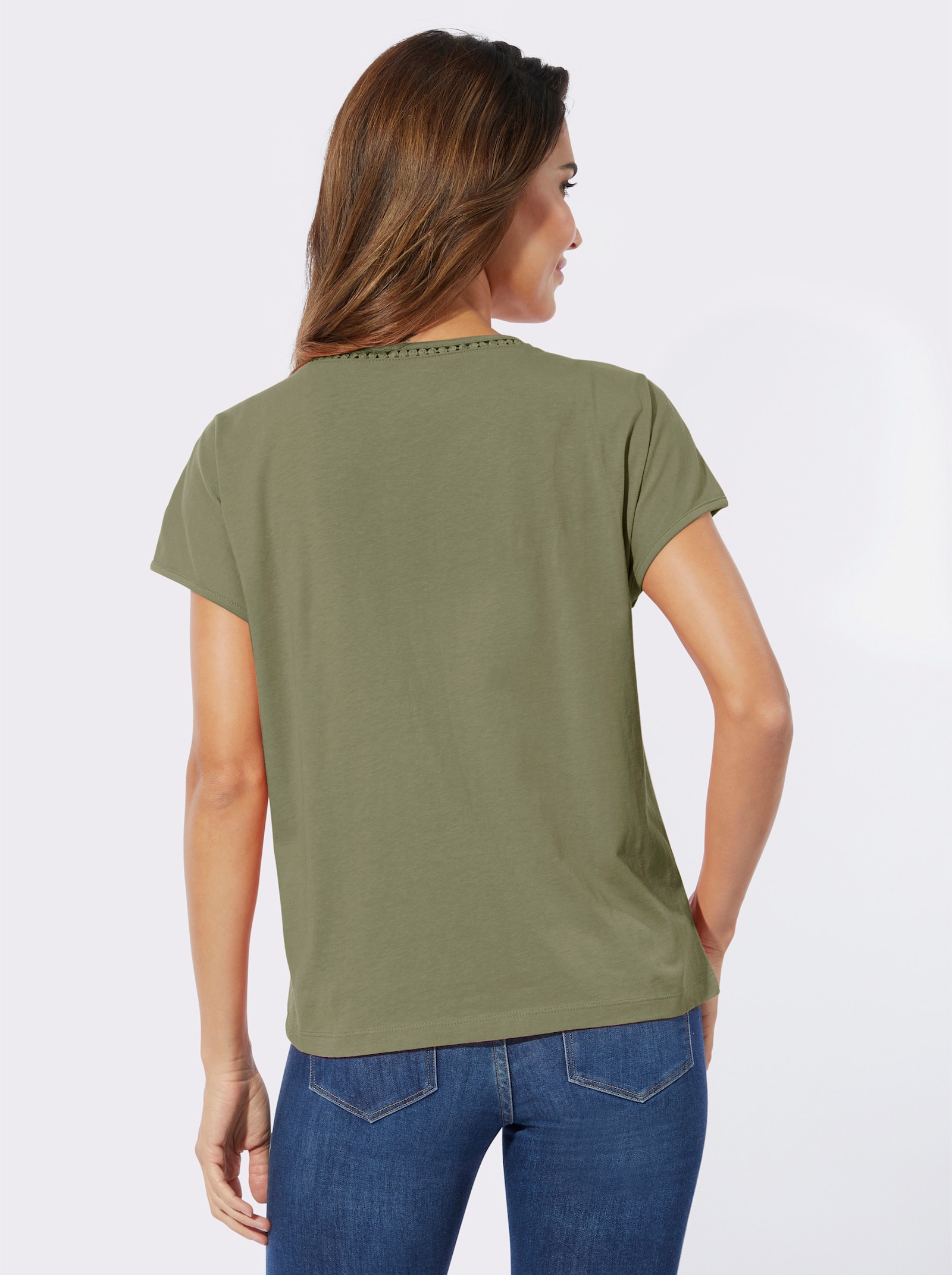 Shirt met korte mouwen en gehaakt kant - kaki