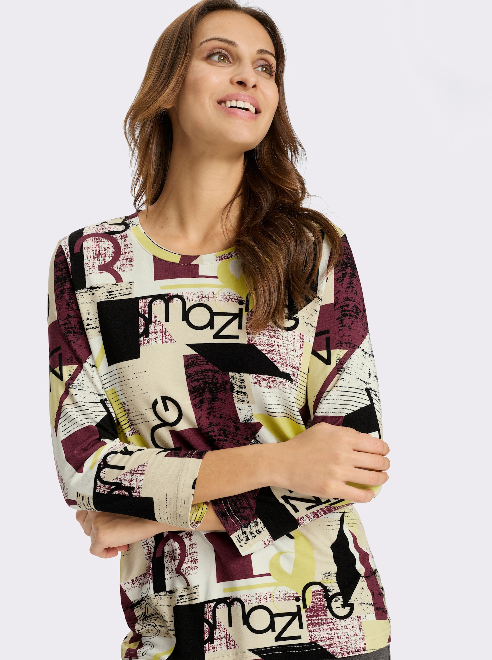 Print-Shirt mit 3/4-Ärmeln - limone-burgund-bedruckt