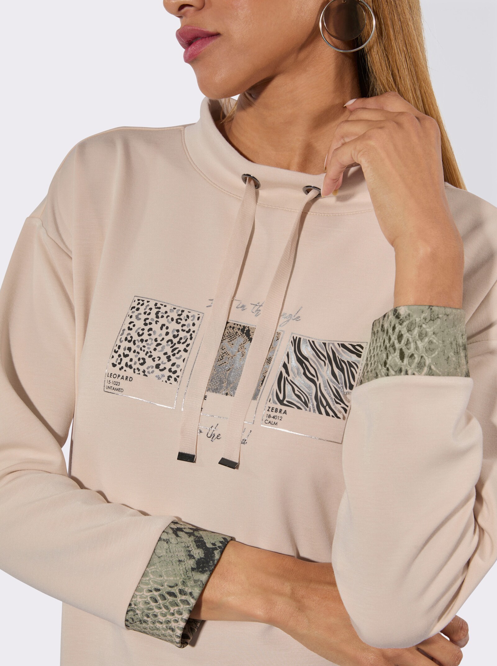 Sweatshirt mit halsfernem Stehkragen - elfenbein-graphit-bedruckt