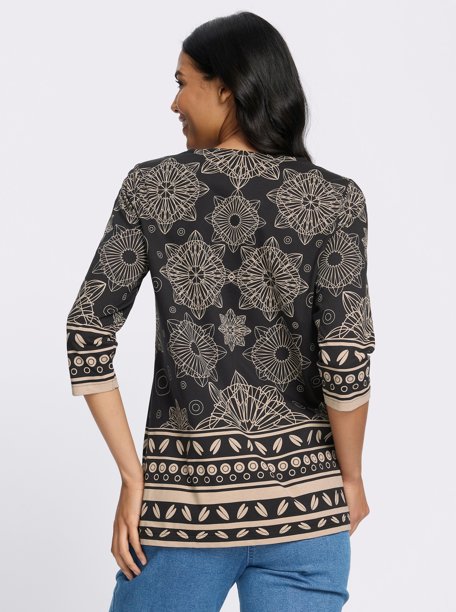 Longshirt mit Bordüren-Druck - schwarz-beige-bedruckt