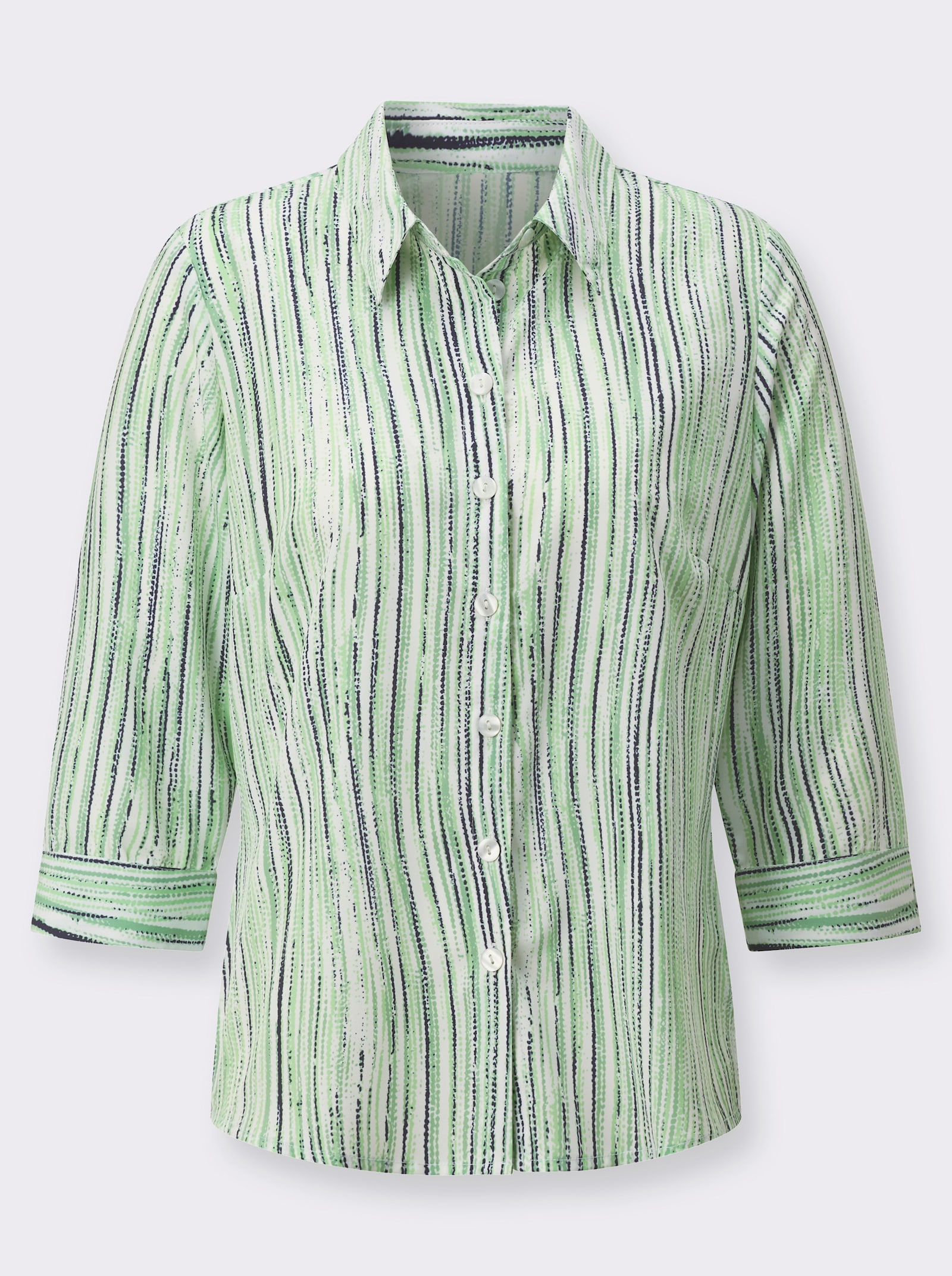 Gestreepte blouse met afgeronde zoom - reseda/ecru bedrukt