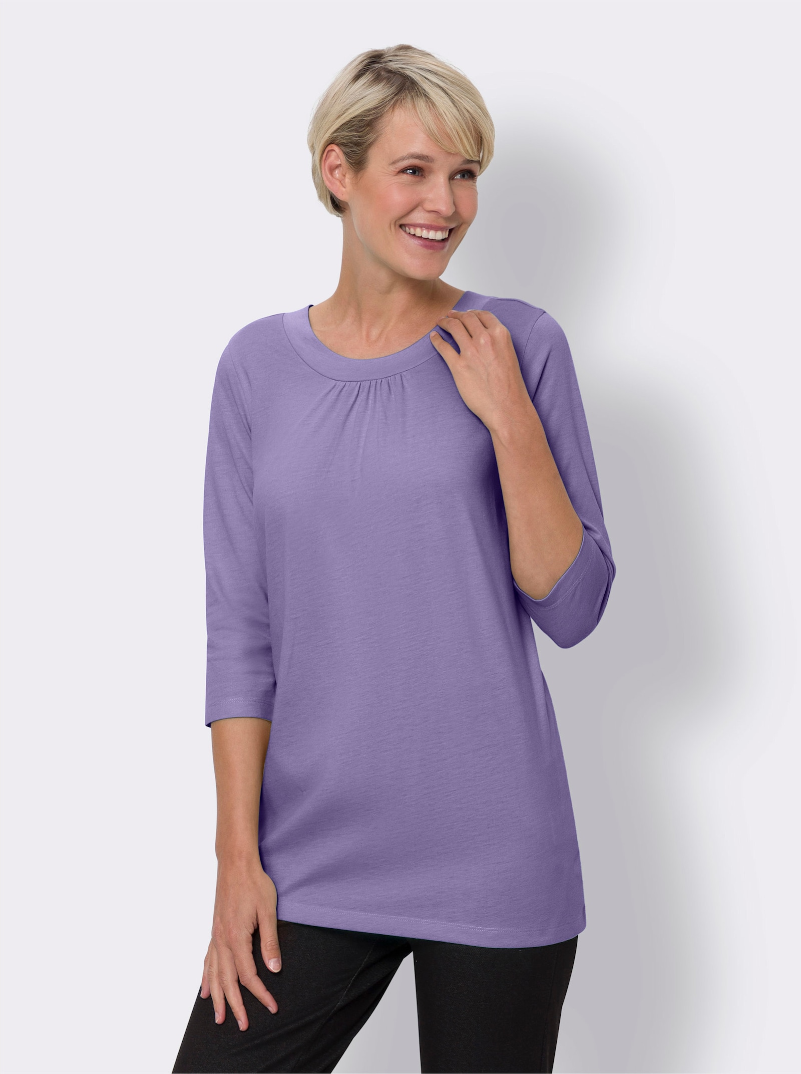 Longshirt mit Raffung am Ausschnitt - lavendel-meliert