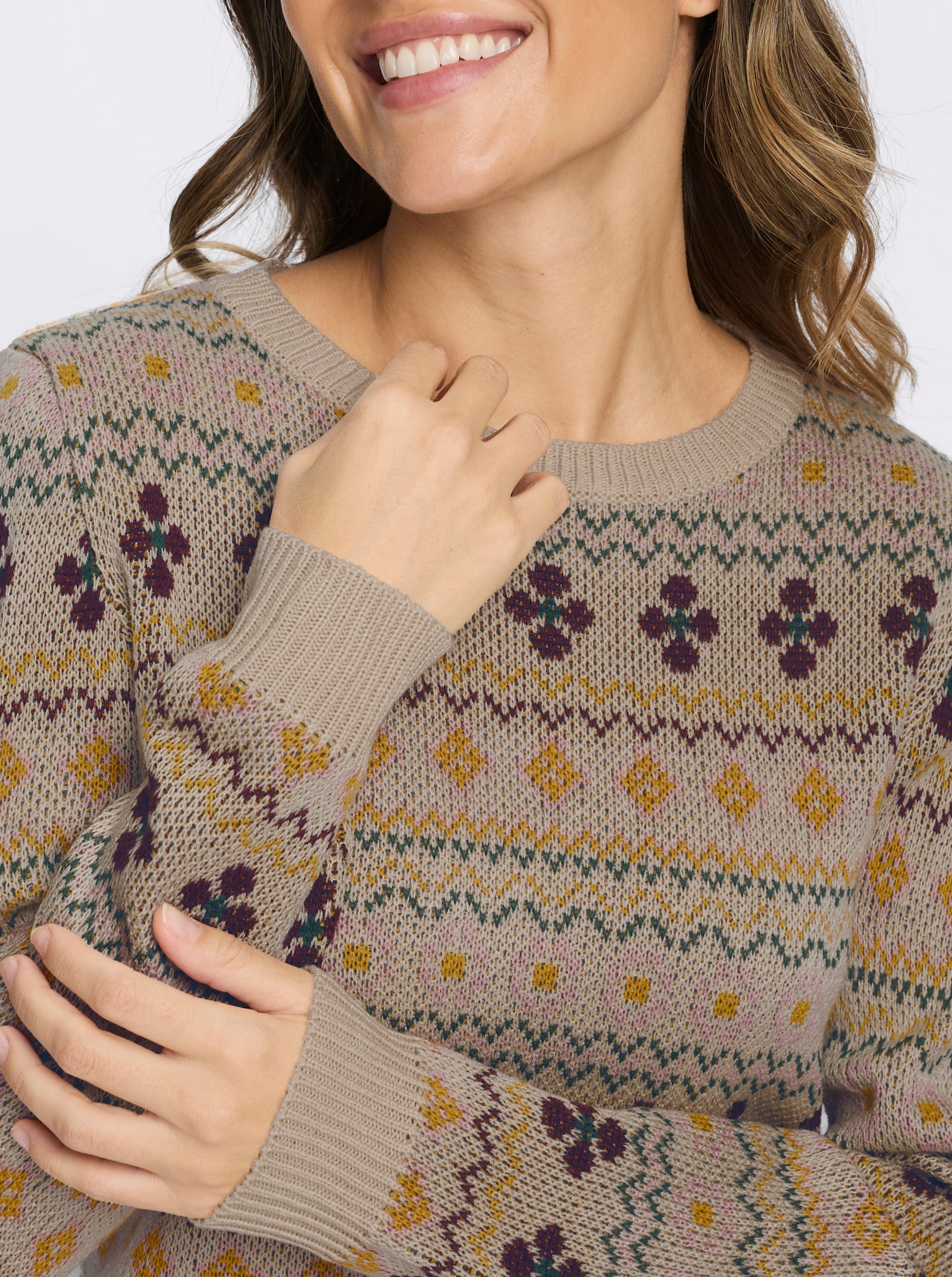 Jacquard-Pullover mit gerippten Abschlüssen - sand-burgund-gemustert