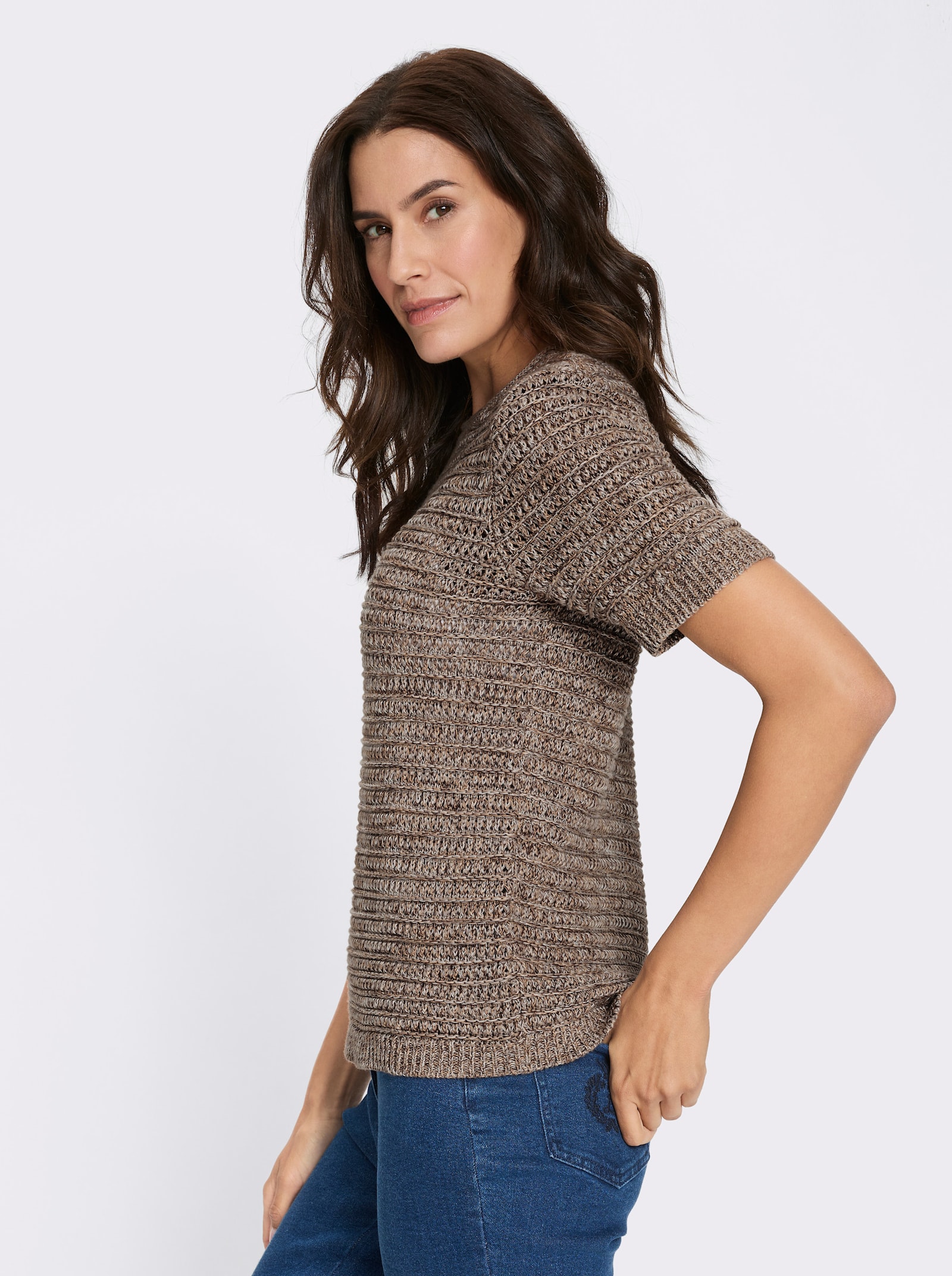 Baumwollpullover aus Melange-Garn - taupe-schoko-gemustert