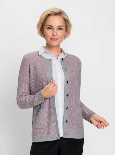 Strickjacke mit Rundhals-Ausschnitt - steingrau-altrosa-gemustert