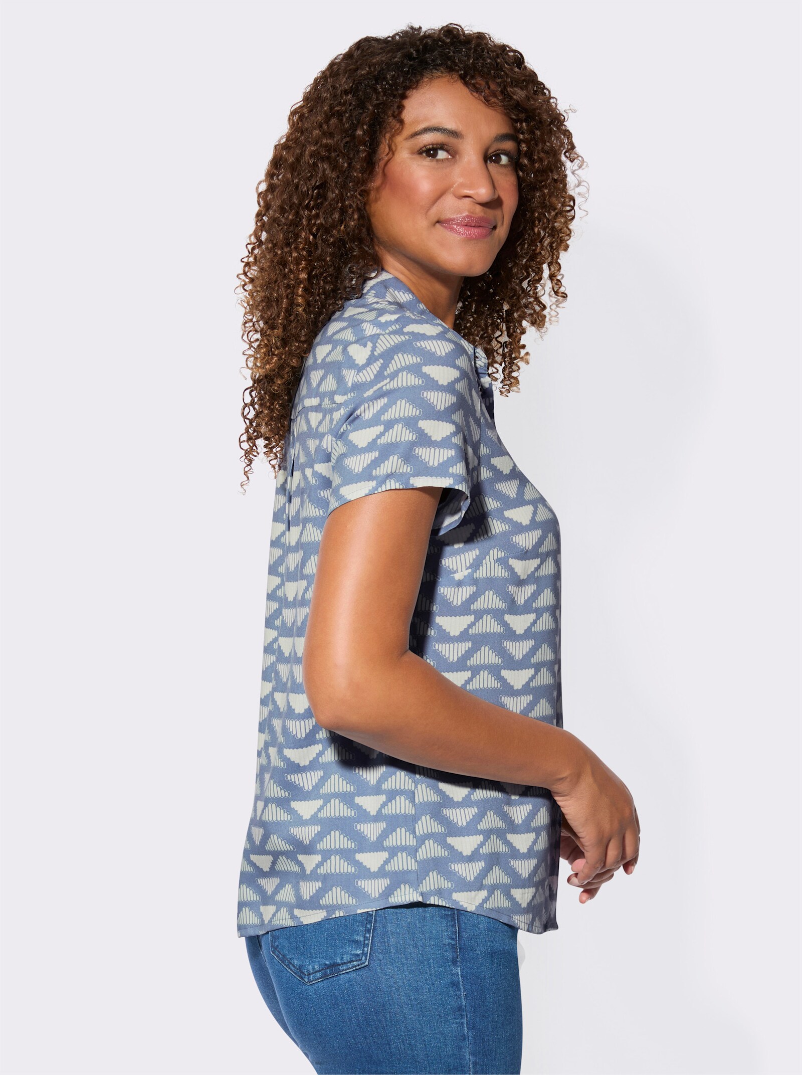 Druckbluse in fließender Qualität - taubenblau-zartmint-kariert