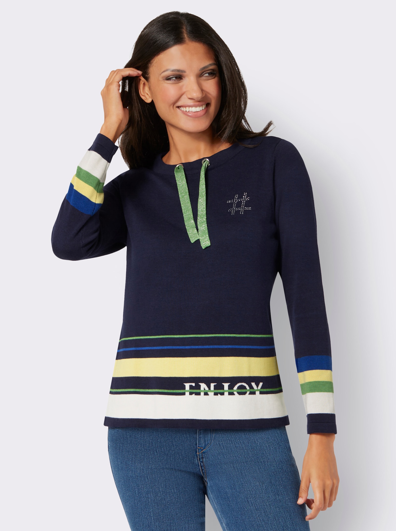 Svetr s dlouhým rukávem s pajetkami - námořnická modrá-jablková-vzor