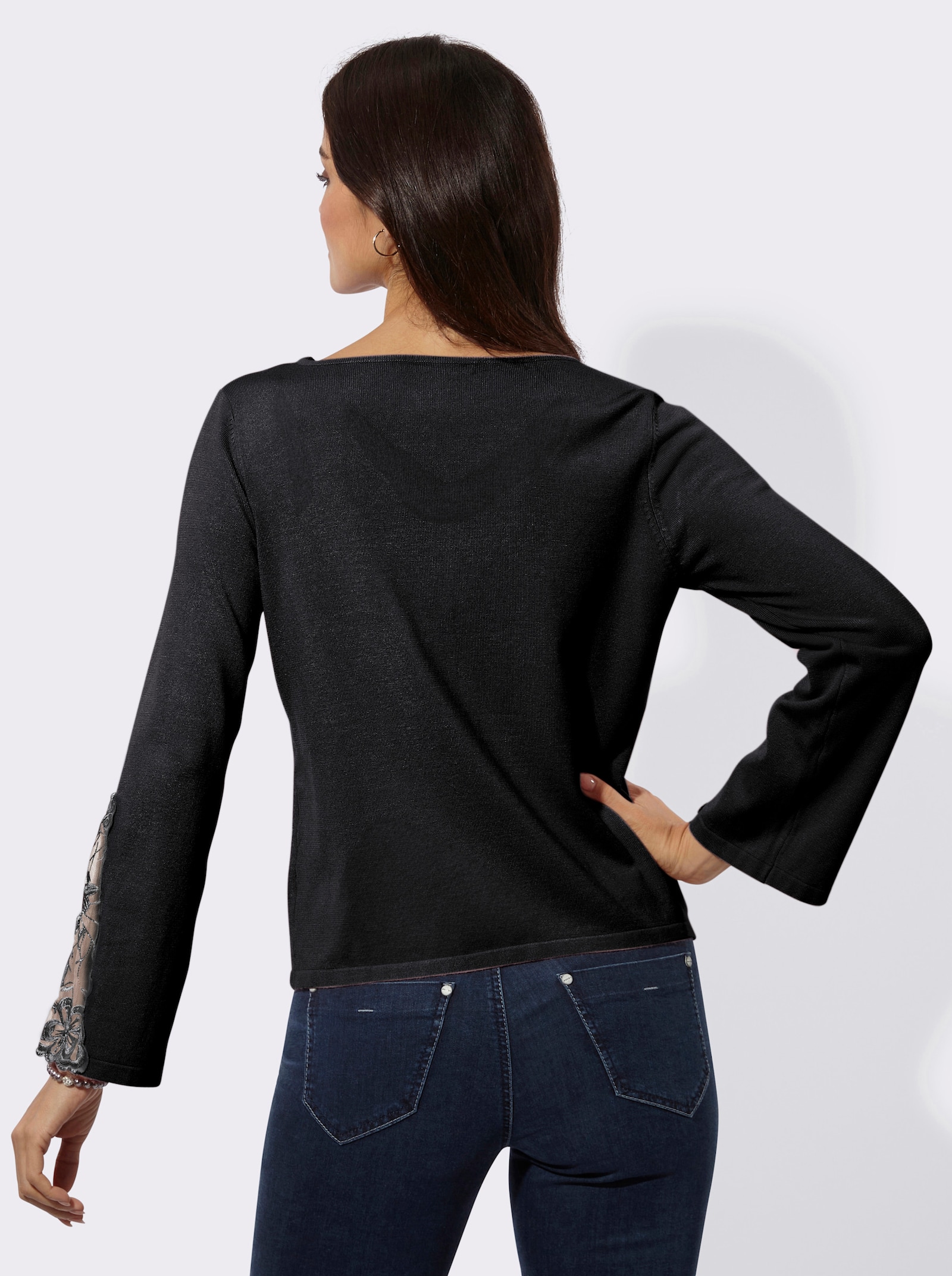 Feinstrickpullover mit Spitzen-Details - schwarz