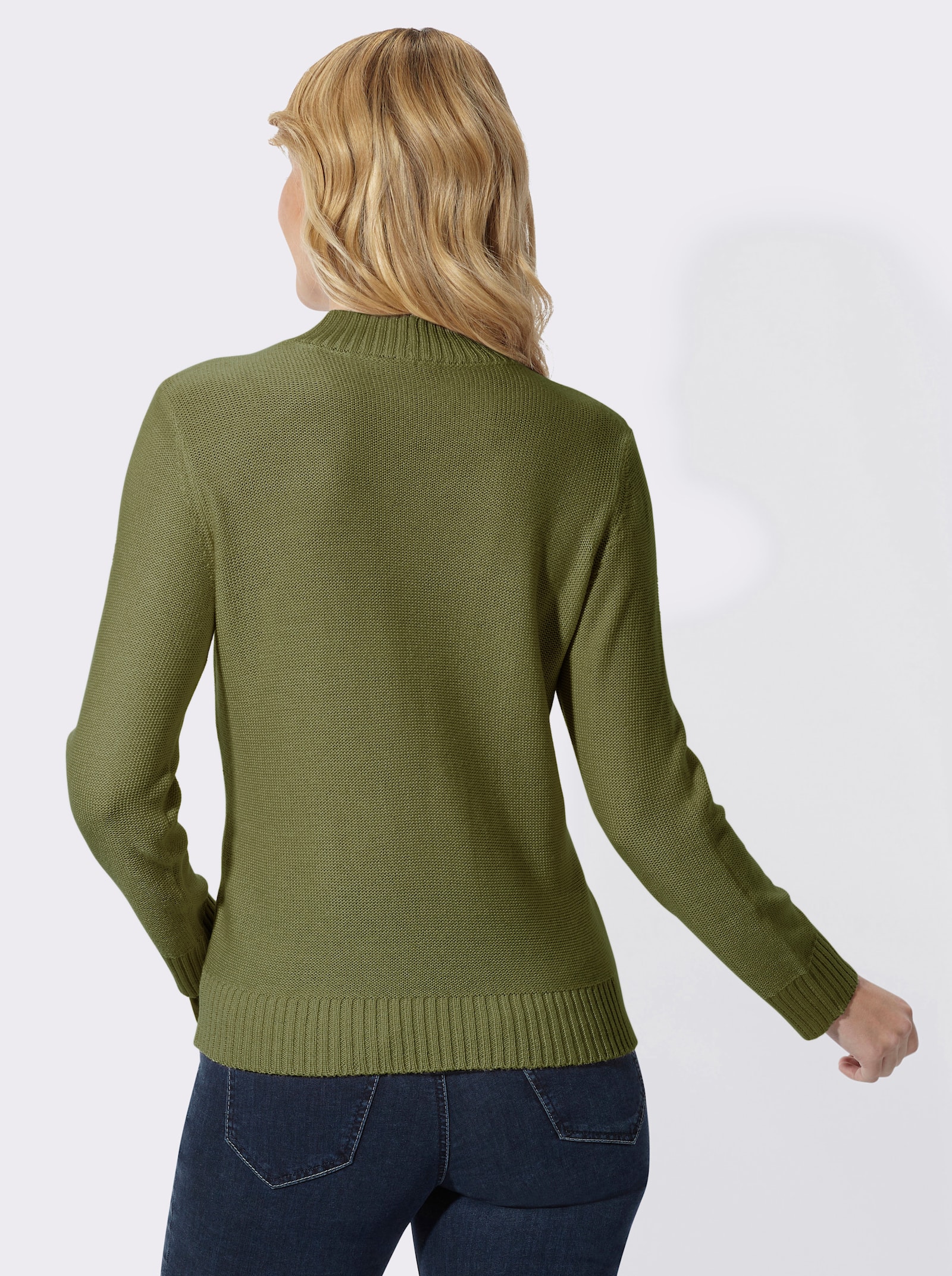 Stehkragenpullover mit Zopfmuster - oliv