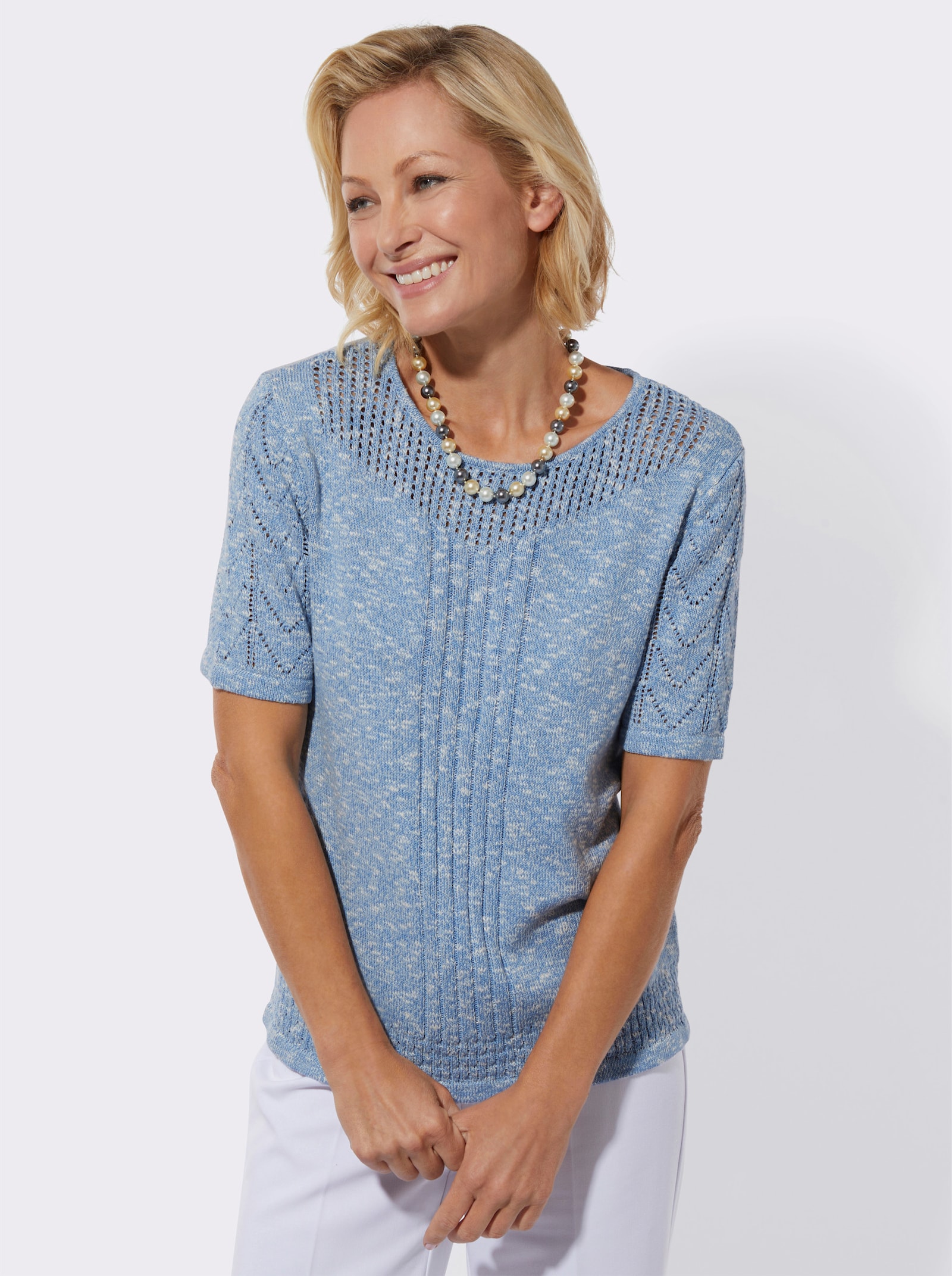 Ajourpullover in leichter Qualität - himmelblau-ecru-meliert