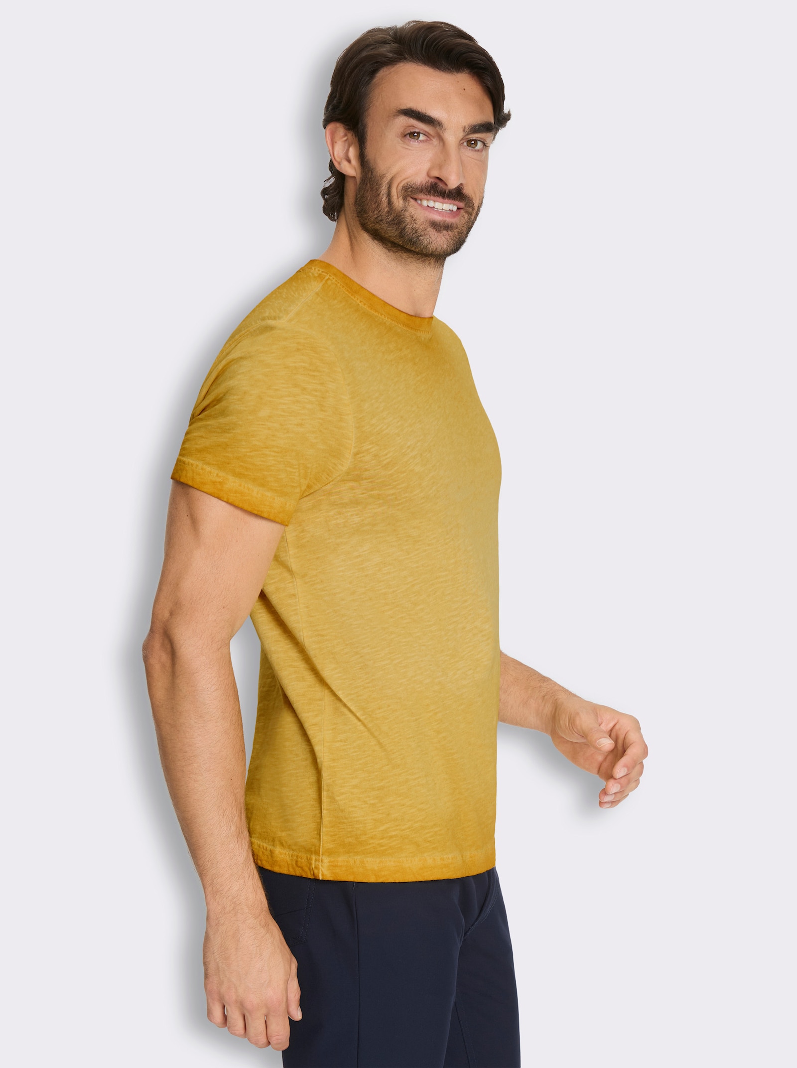 Kurzarmshirt mit Rundhals-Ausschnitt, Baumwolle - ocker