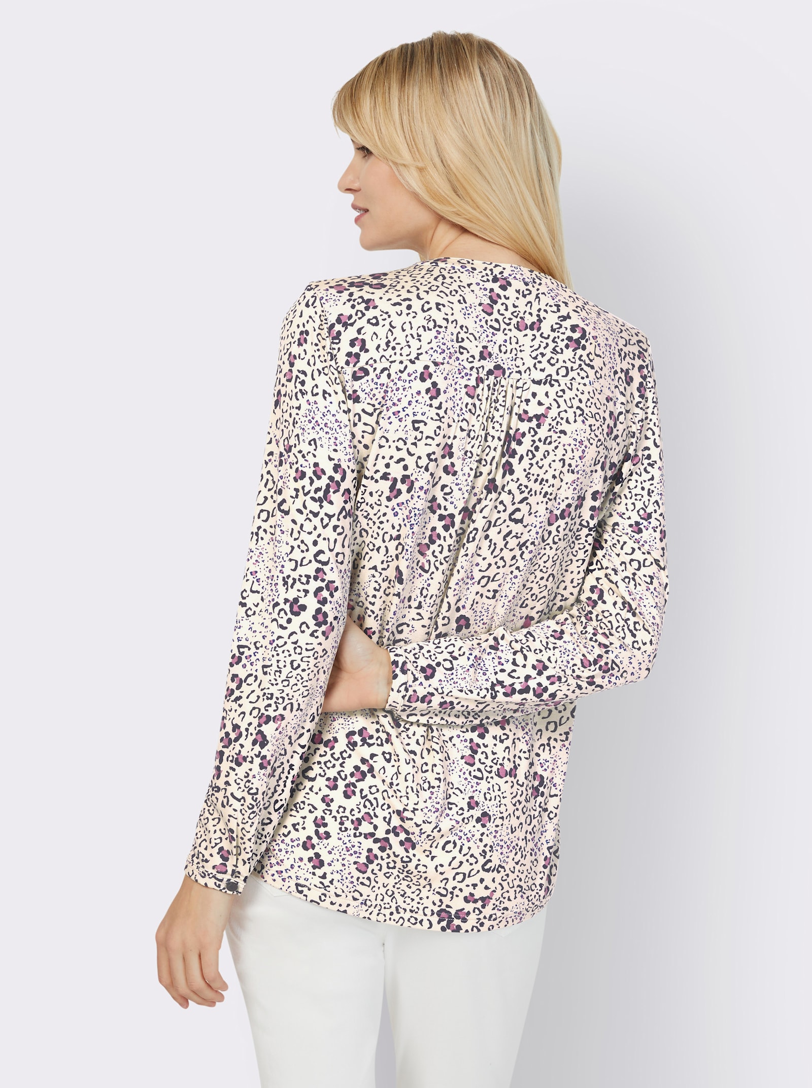 heine Blouse met lange mouwen en fluwelen garnering op de knoopsluiting - ivoor/oudroze bedrukt