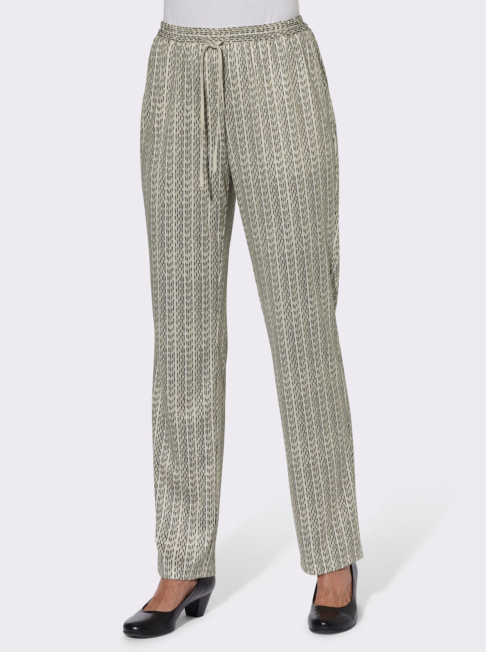 Jerseybroek met bindceintuur - zand gestreept