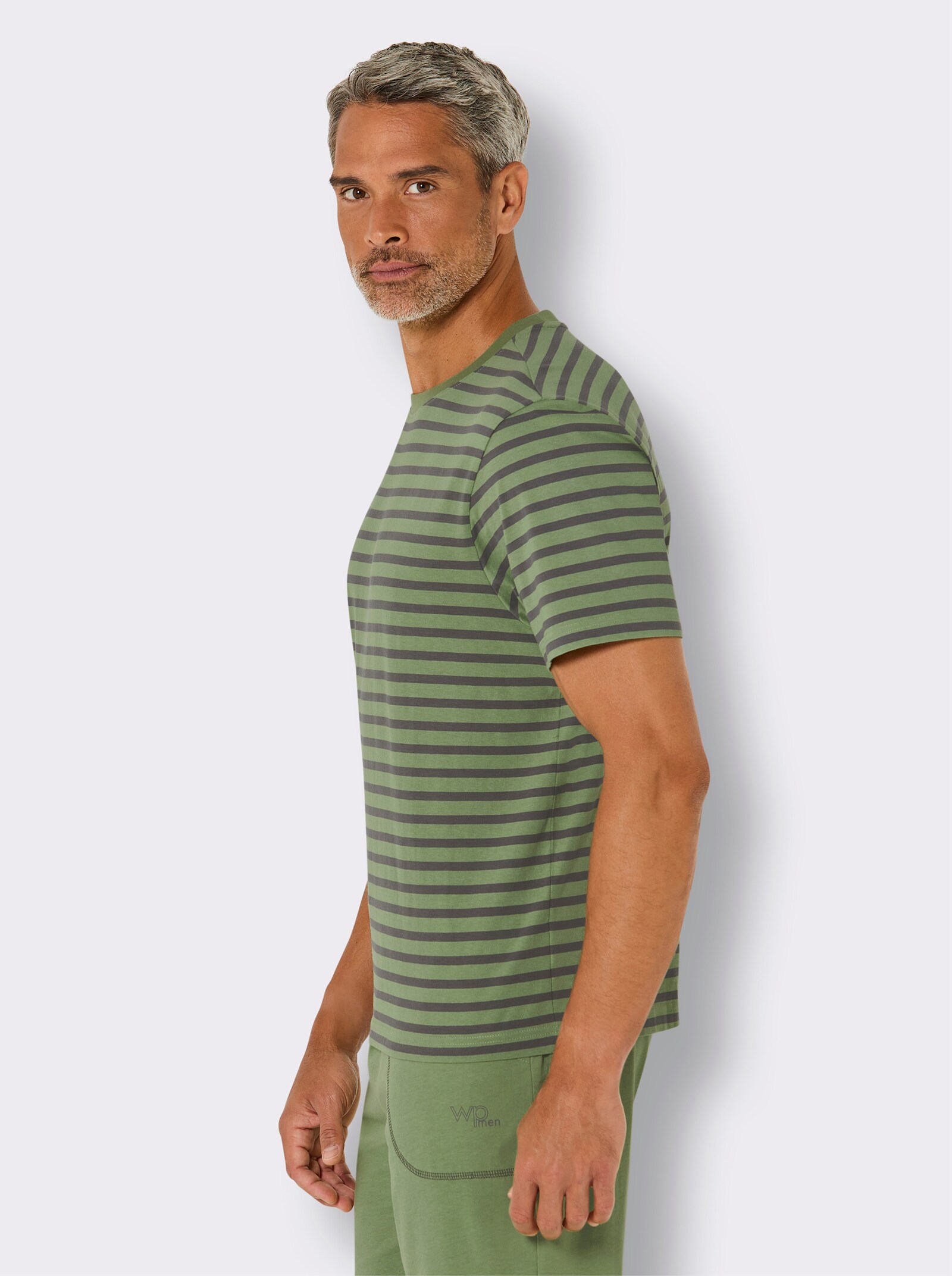 wäschepur men Schlafanzug-Shirt - eucalyptus-anthrazit-gestreift