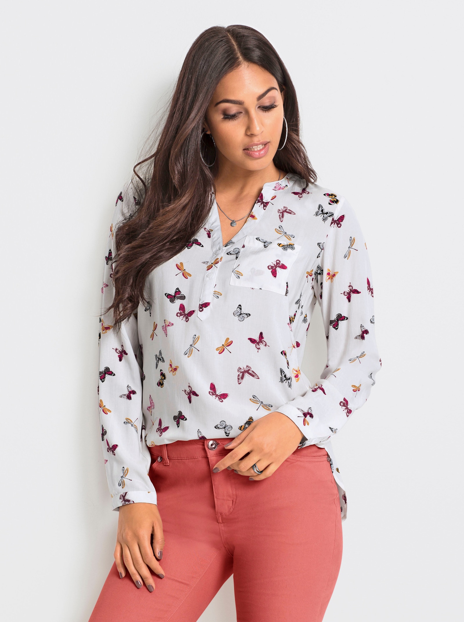 Schlupfbluse im Schmetterlings-Dessin - weiß-hummer-bedruckt