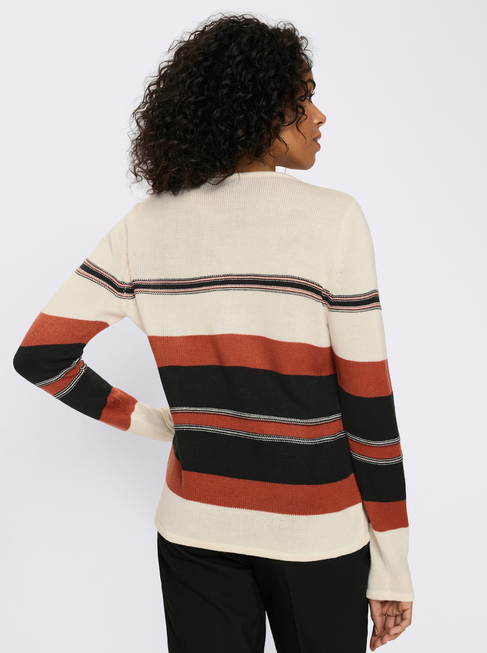 V-Ausschnitt-Pullover - champagner-schwarz-geringelt