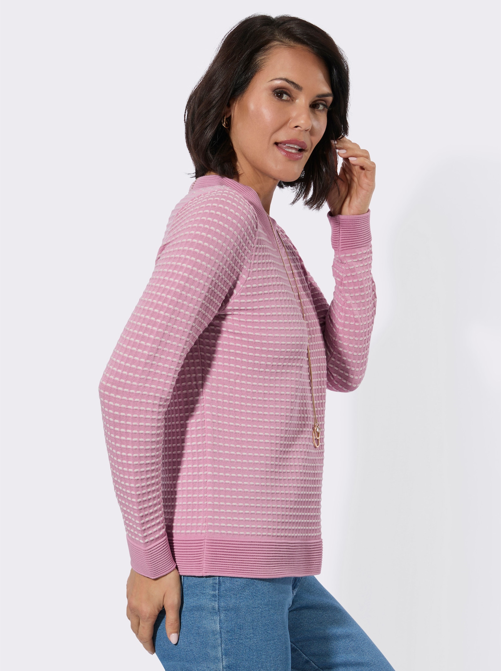 Rundhalspullover in pflegeleichter Qualität - rosé-ecru-gemustert