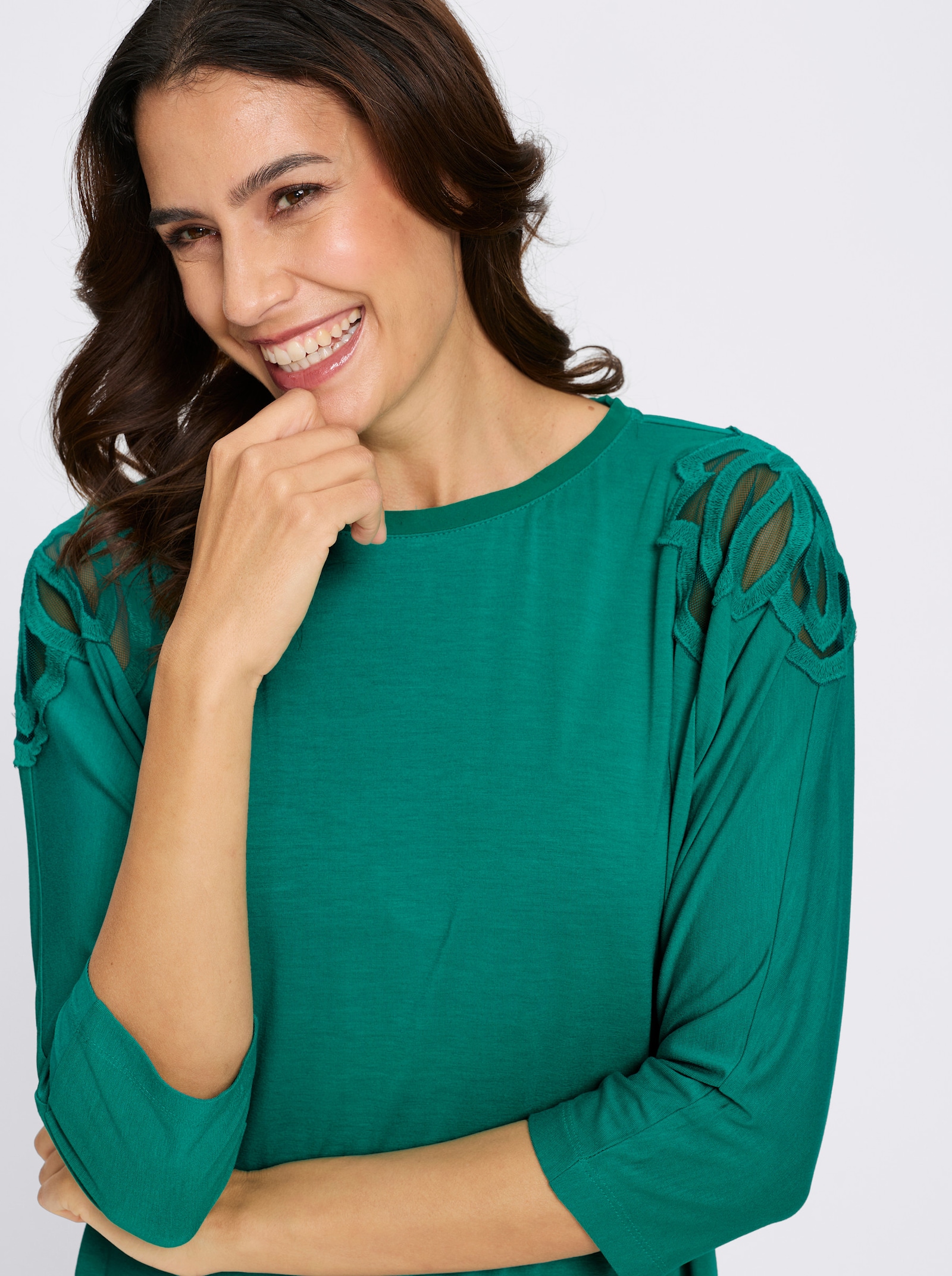 3/4-Arm-Shirt mit Spitzeneinsatz an der Schulter - smaragd