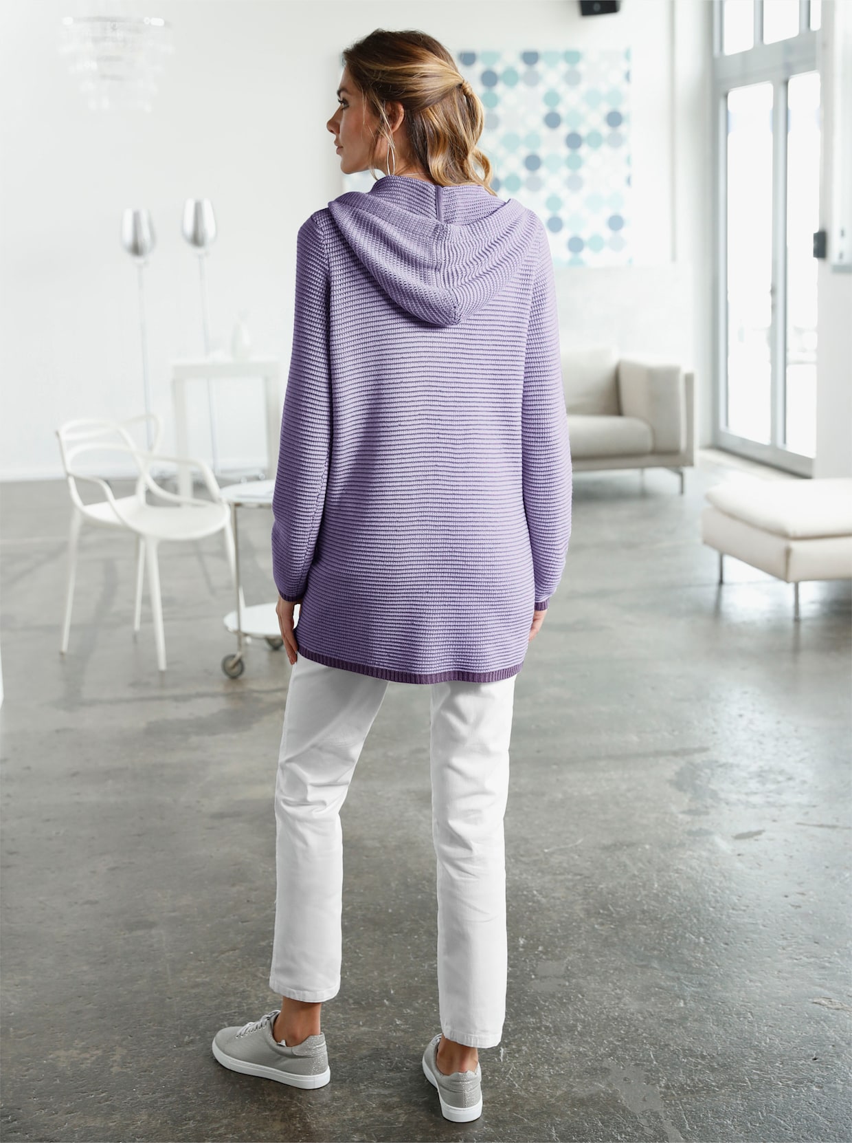 Pletený sveter s kapucňou - slivková priečne pruhovaná