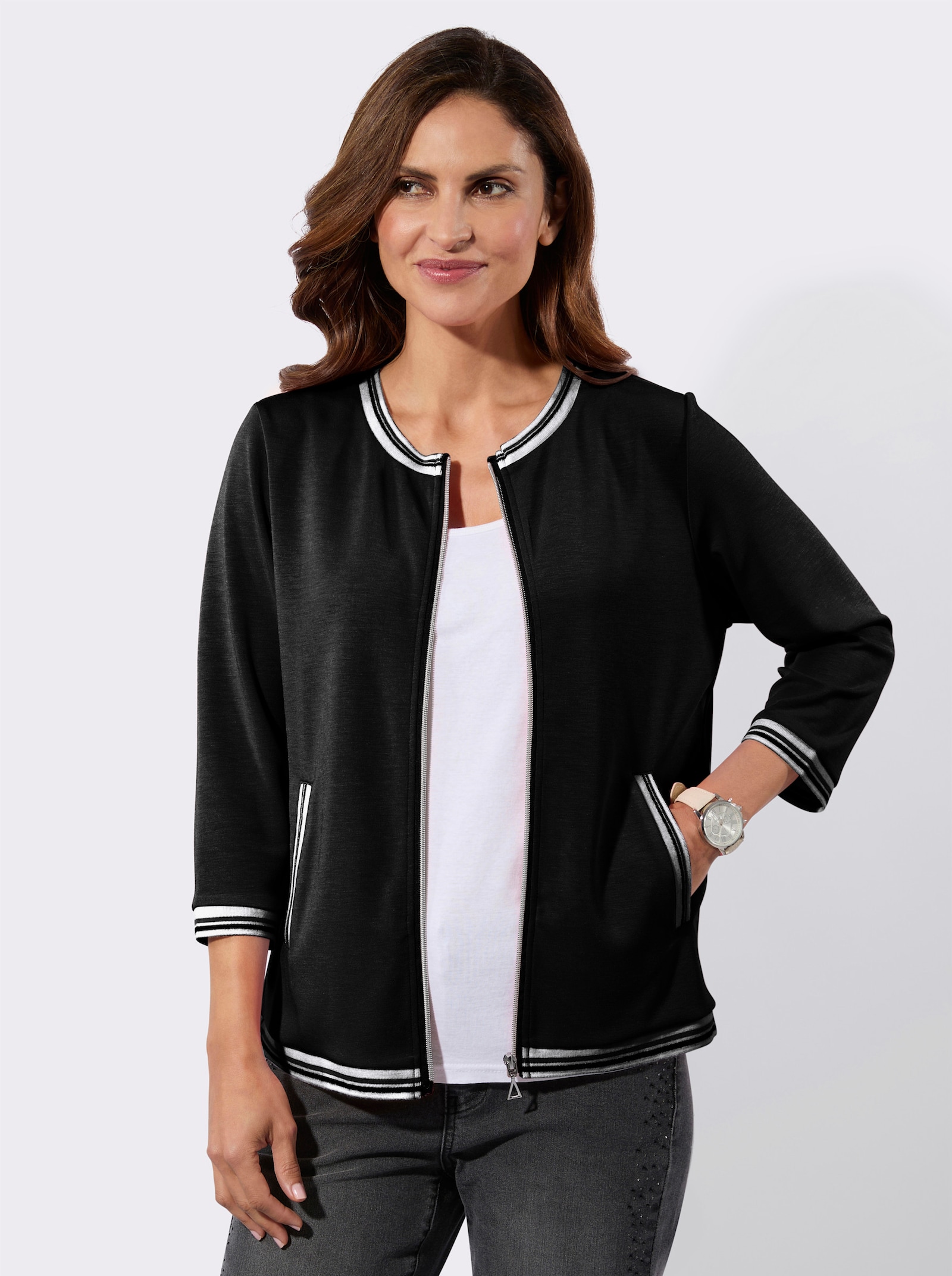 Sweatjacke mit gestreiften Bündchen - schwarz