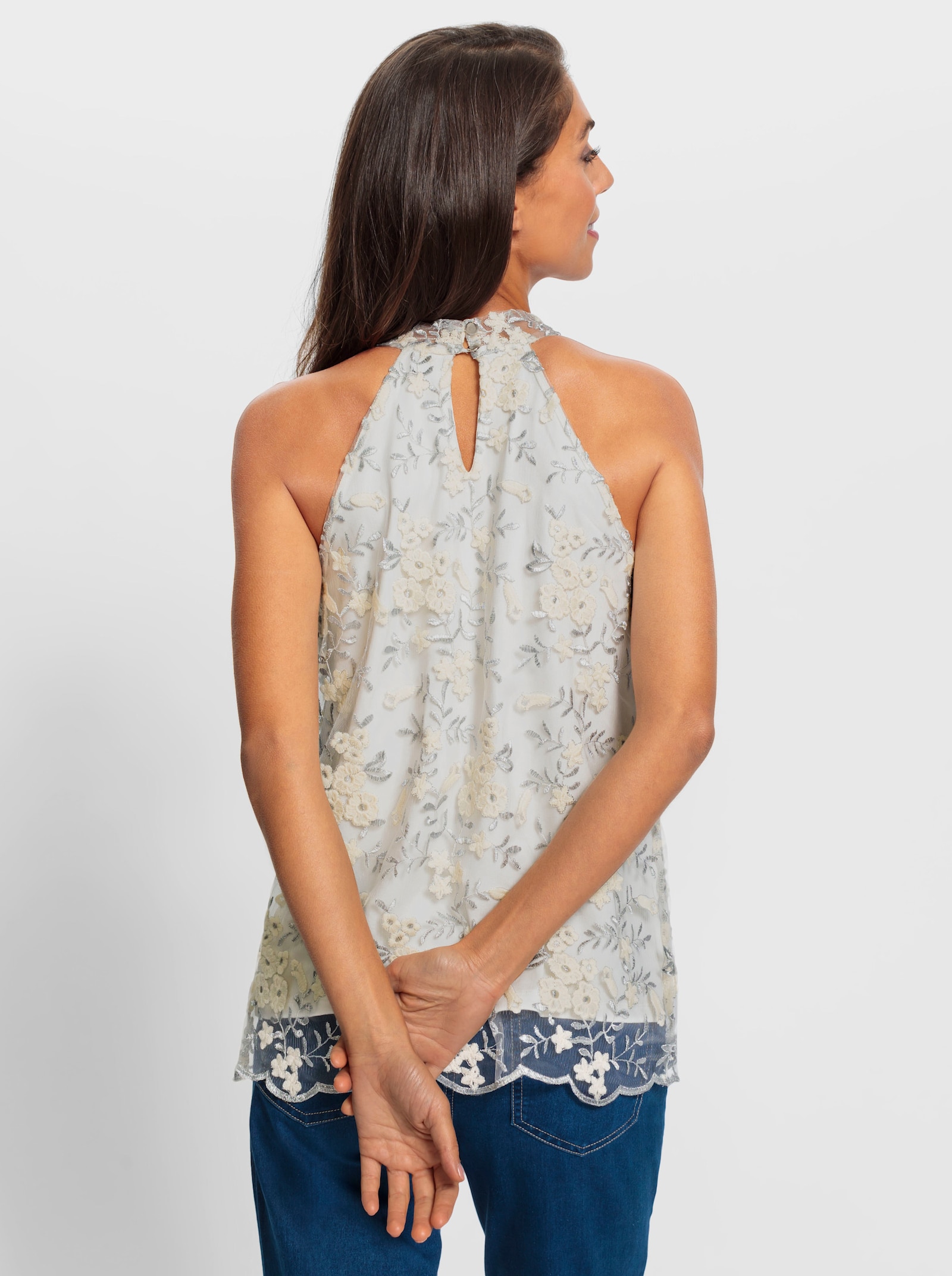 heine Kanten top met knoopsluiting in de nek - ecru/zilver gedessineerd