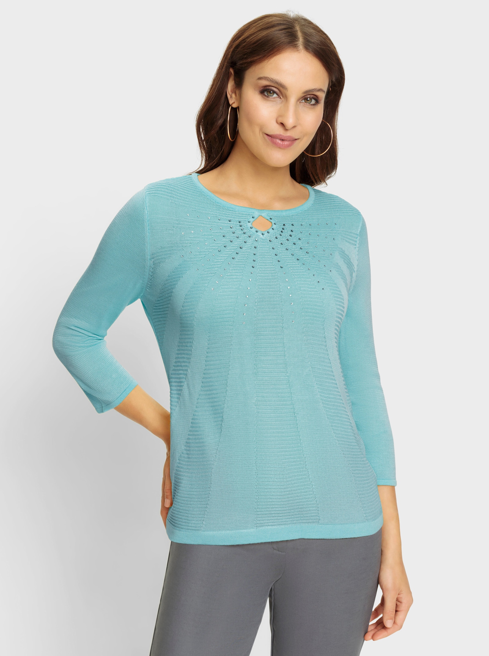 Rundhalspullover mit strahlenförmigem Strickmuster - aquamarin