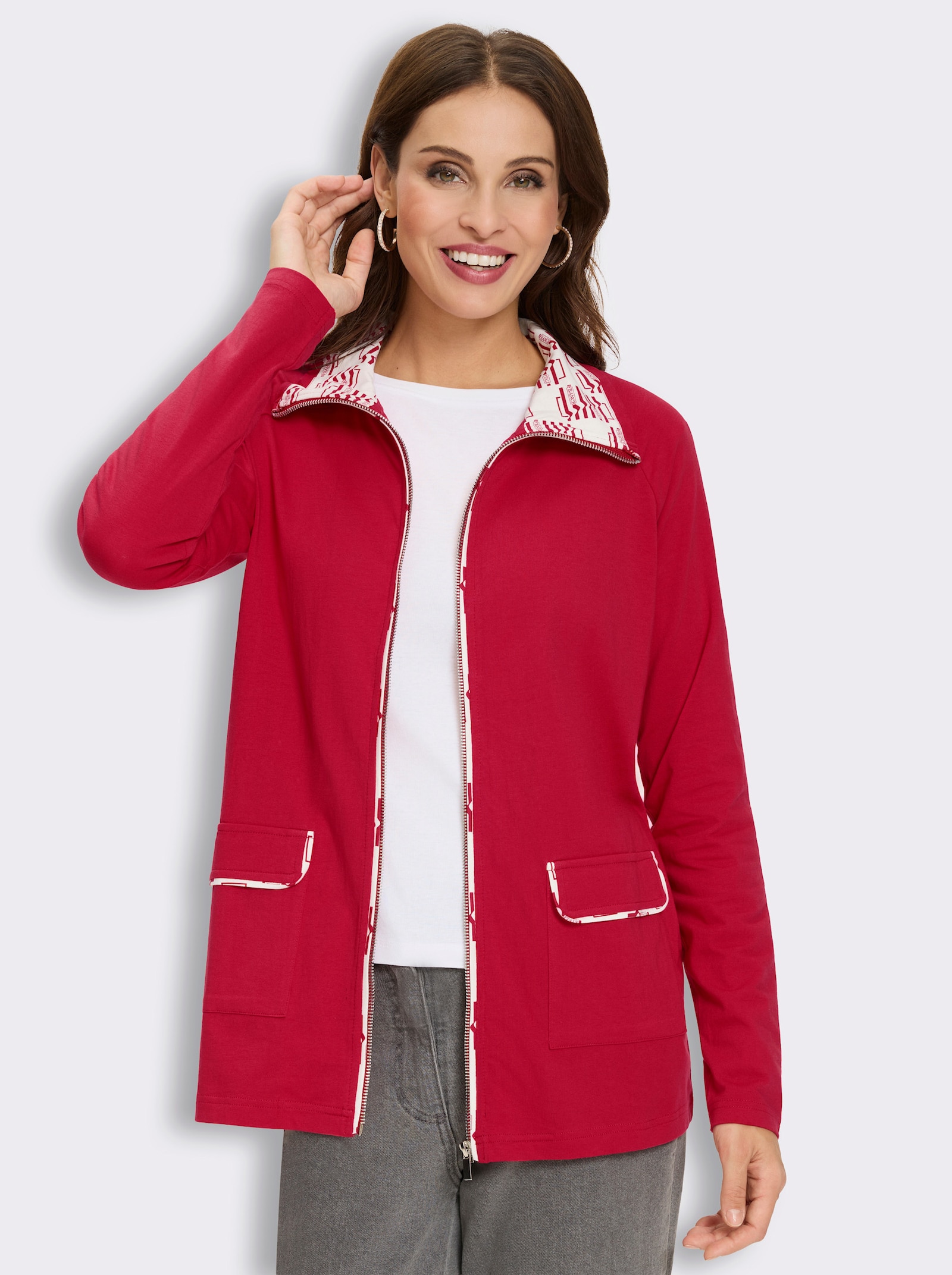 Shirtjacke mit aufgesetzten Pattentaschen - rot-ecru