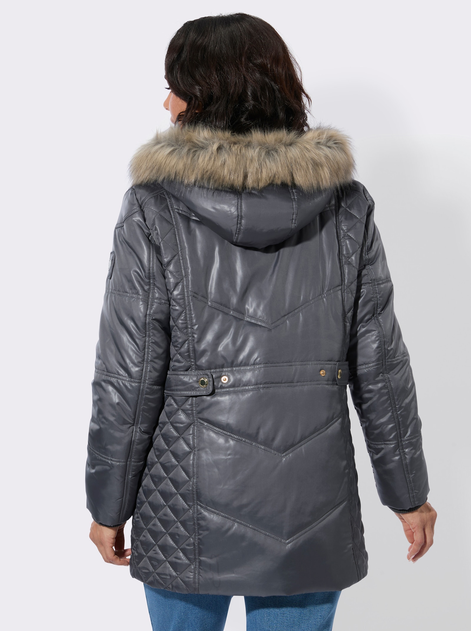 Steppjacke mit Kapuze mit Pelz-Imitat - anthrazit