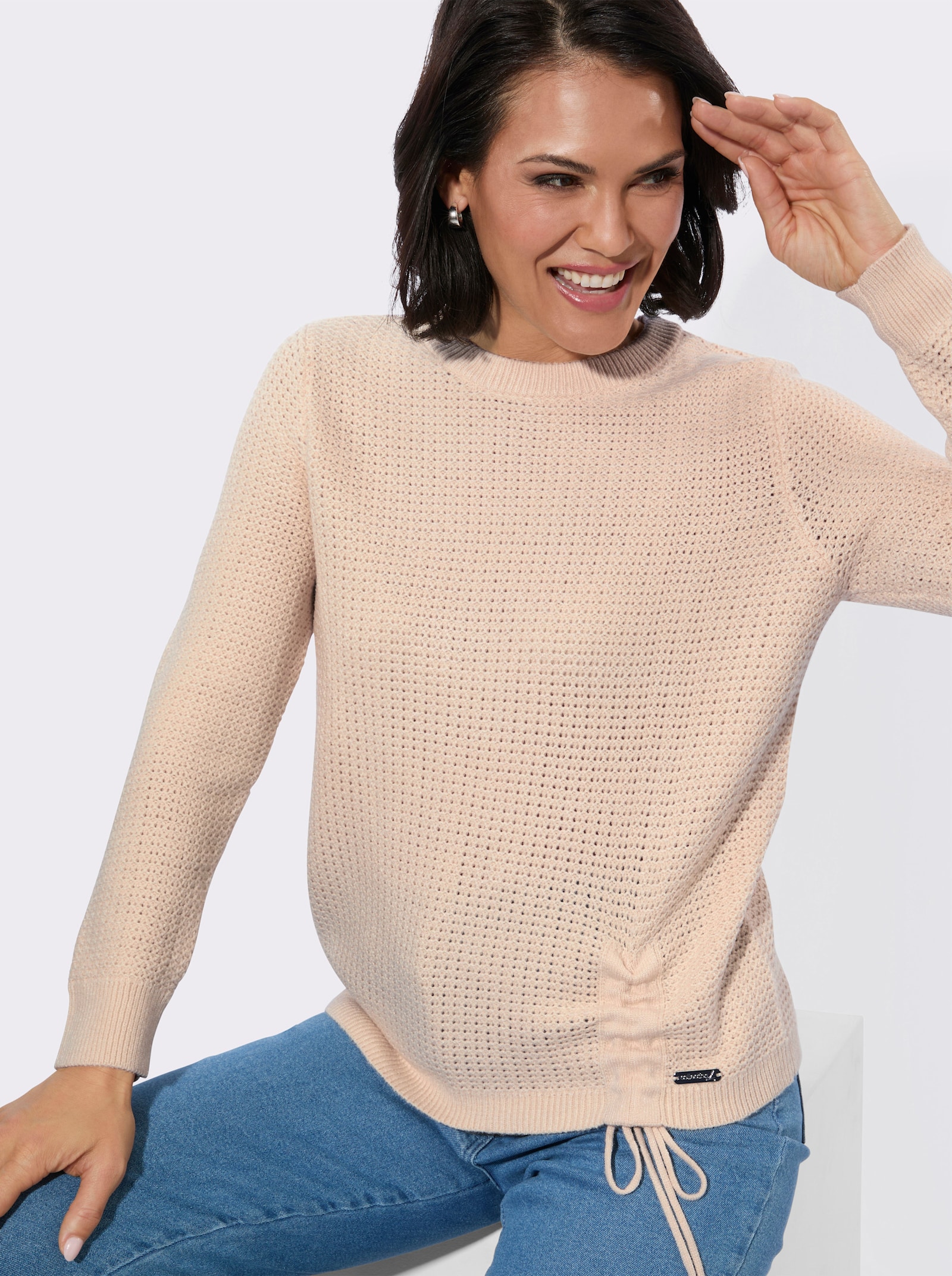 Rundhalspullover mit Schnürung am Saum - elfenbein