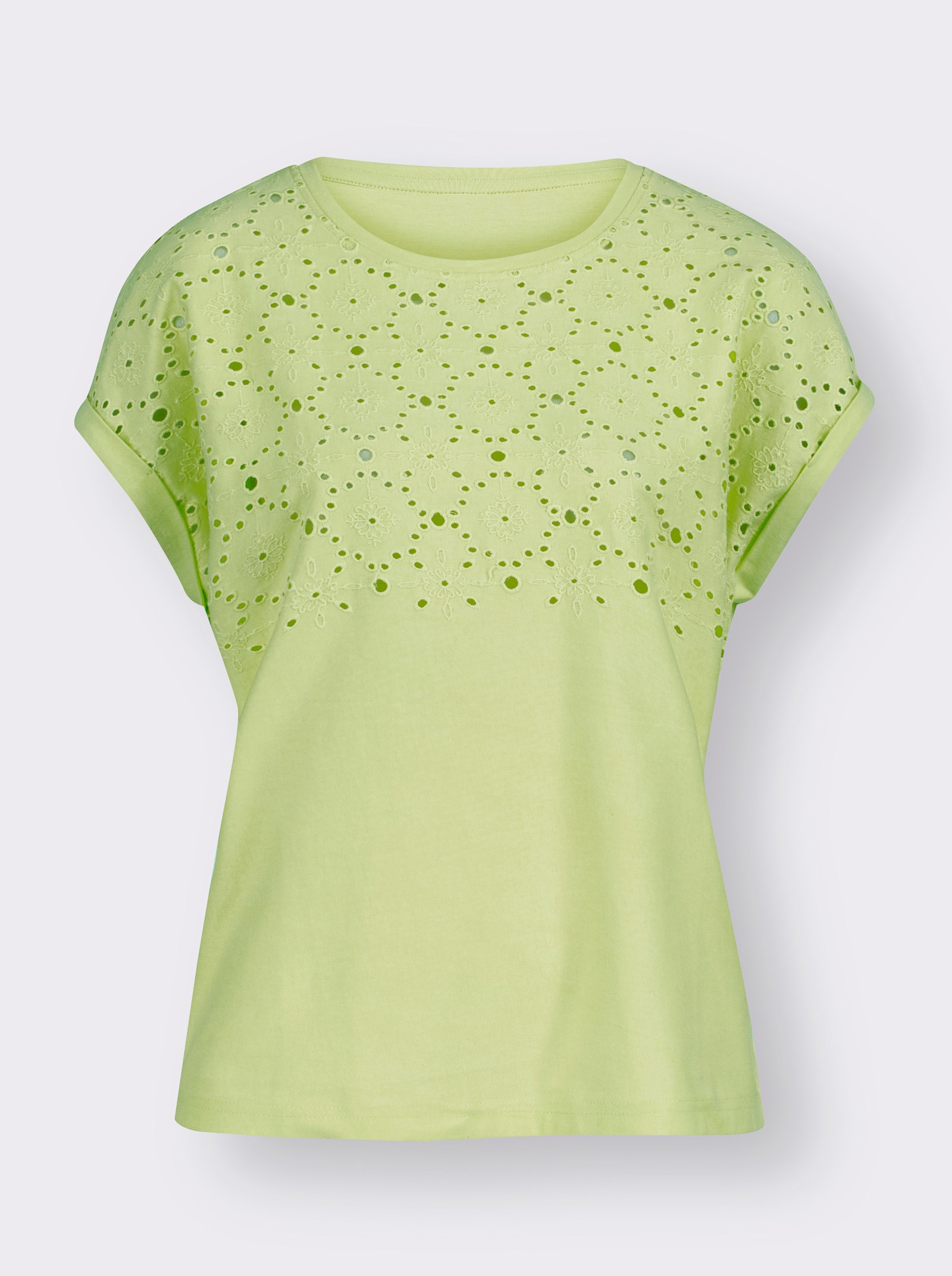 Rundhalsshirt mit Lochstickerei - pistazie