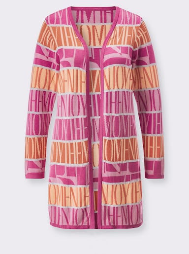  Longstrickjacke im Jacquardmuster - fuchsia-papaya-gemustert