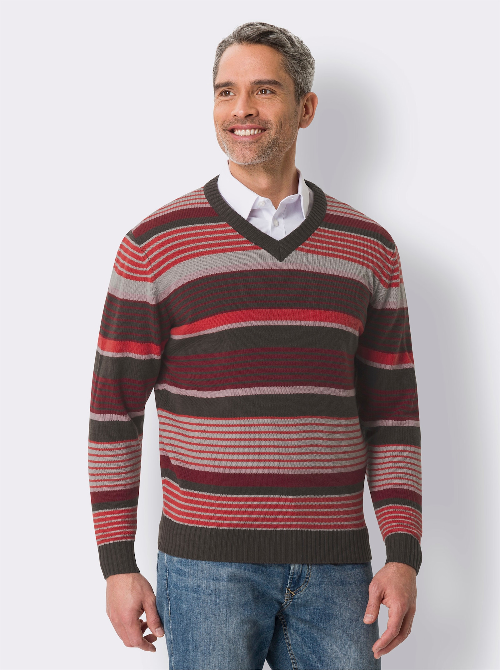 Pullover met V-hals en streepjespatroon - donkerrood/grafiet gedessineerd