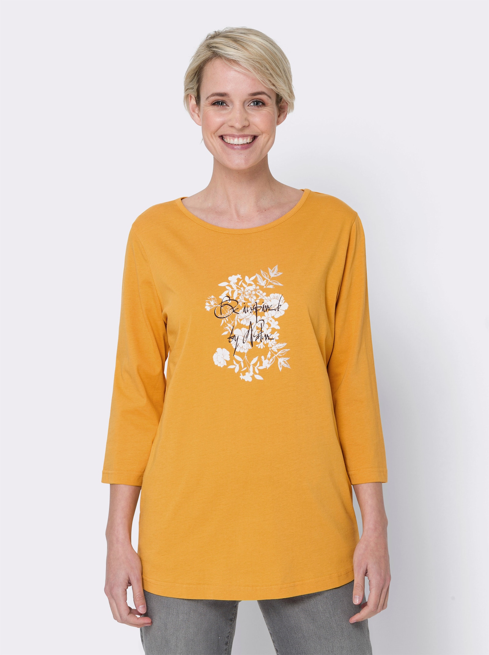 Longshirt mit Print vorne - ocker-weiß