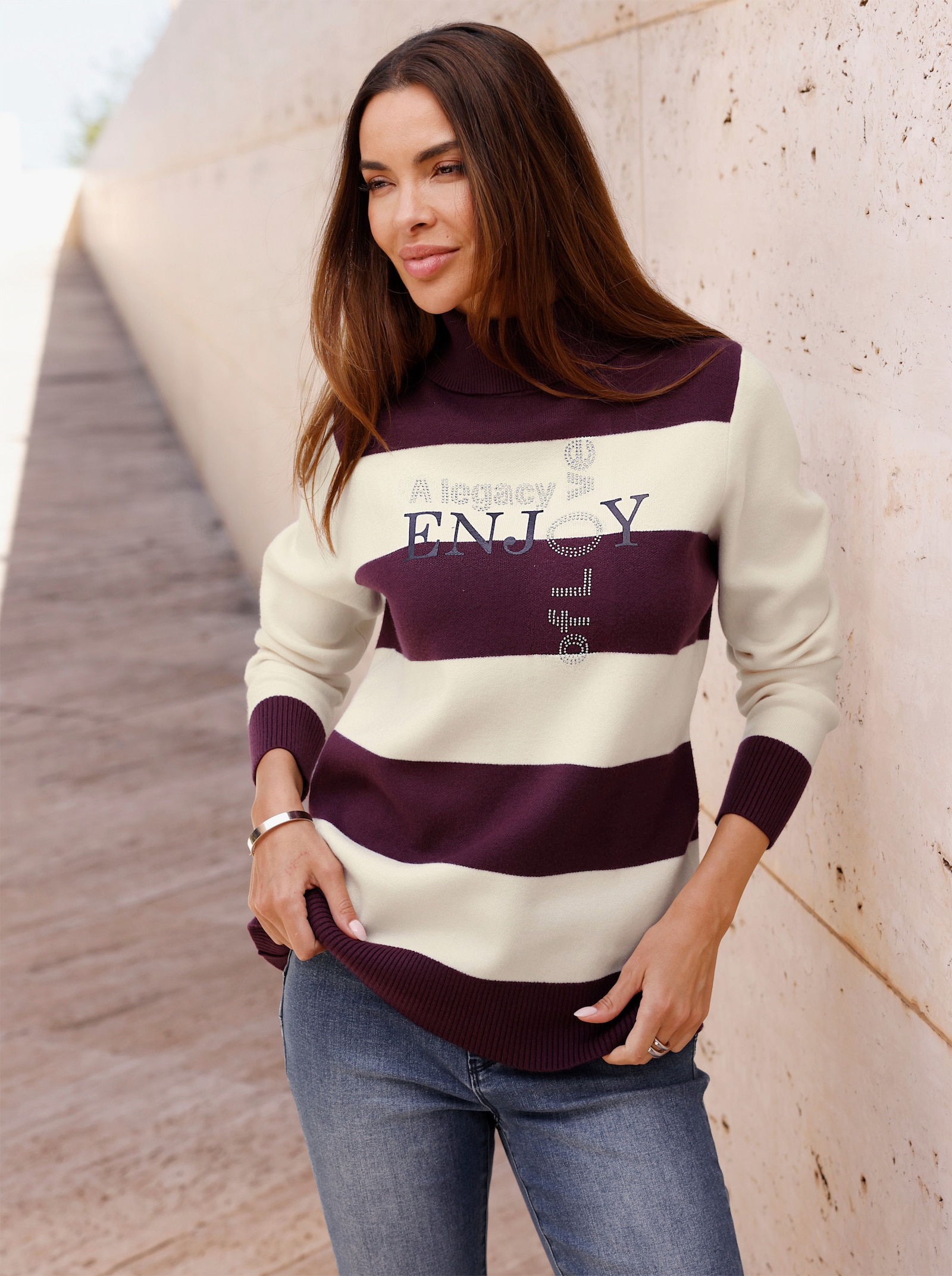 heine Rollkragenpullover mit Blockstreifen - burgund-champagner-gestreift