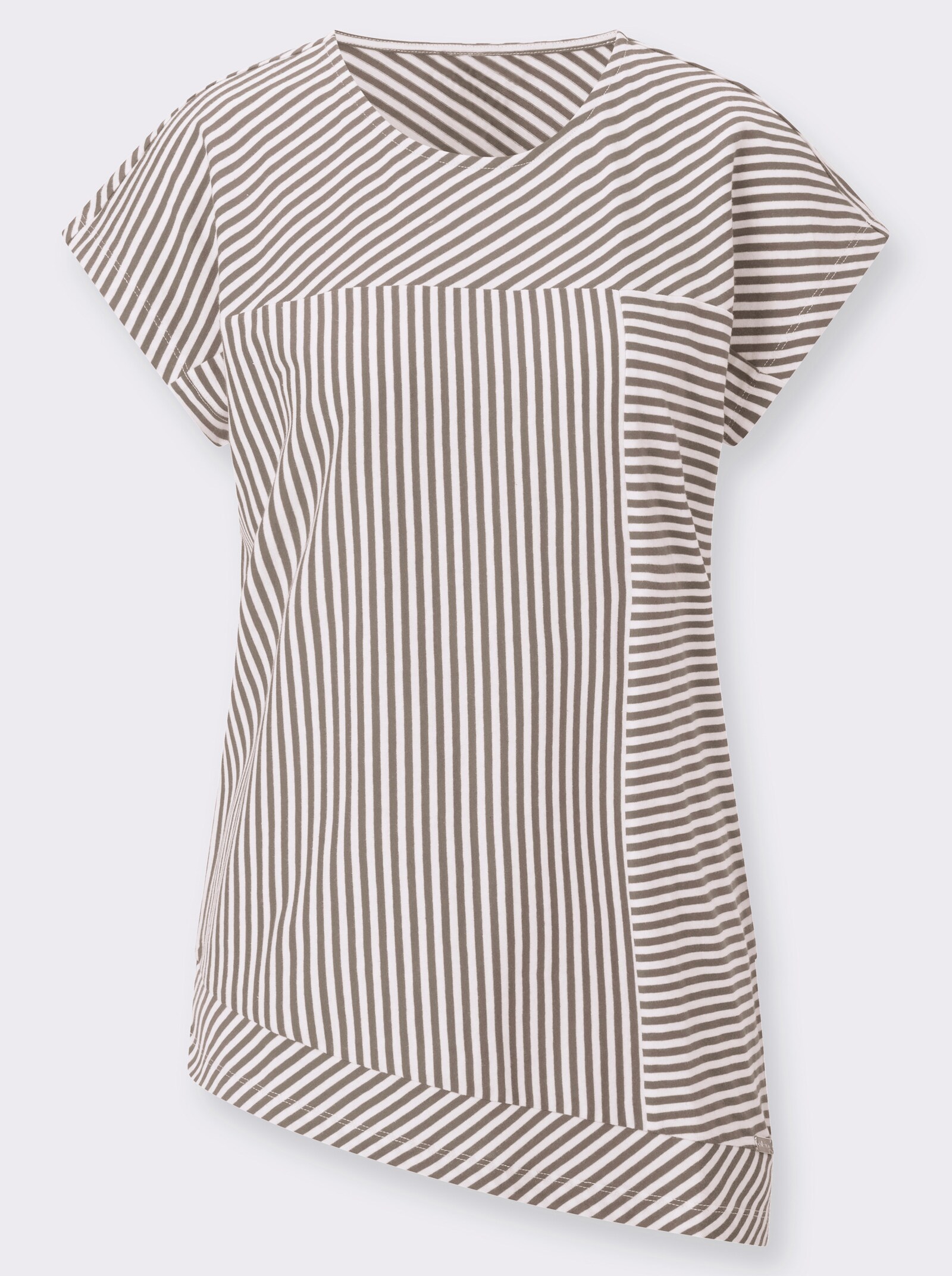 Rundhalsshirt mit asymmetrischem Saum - sesam-weiß-geringelt