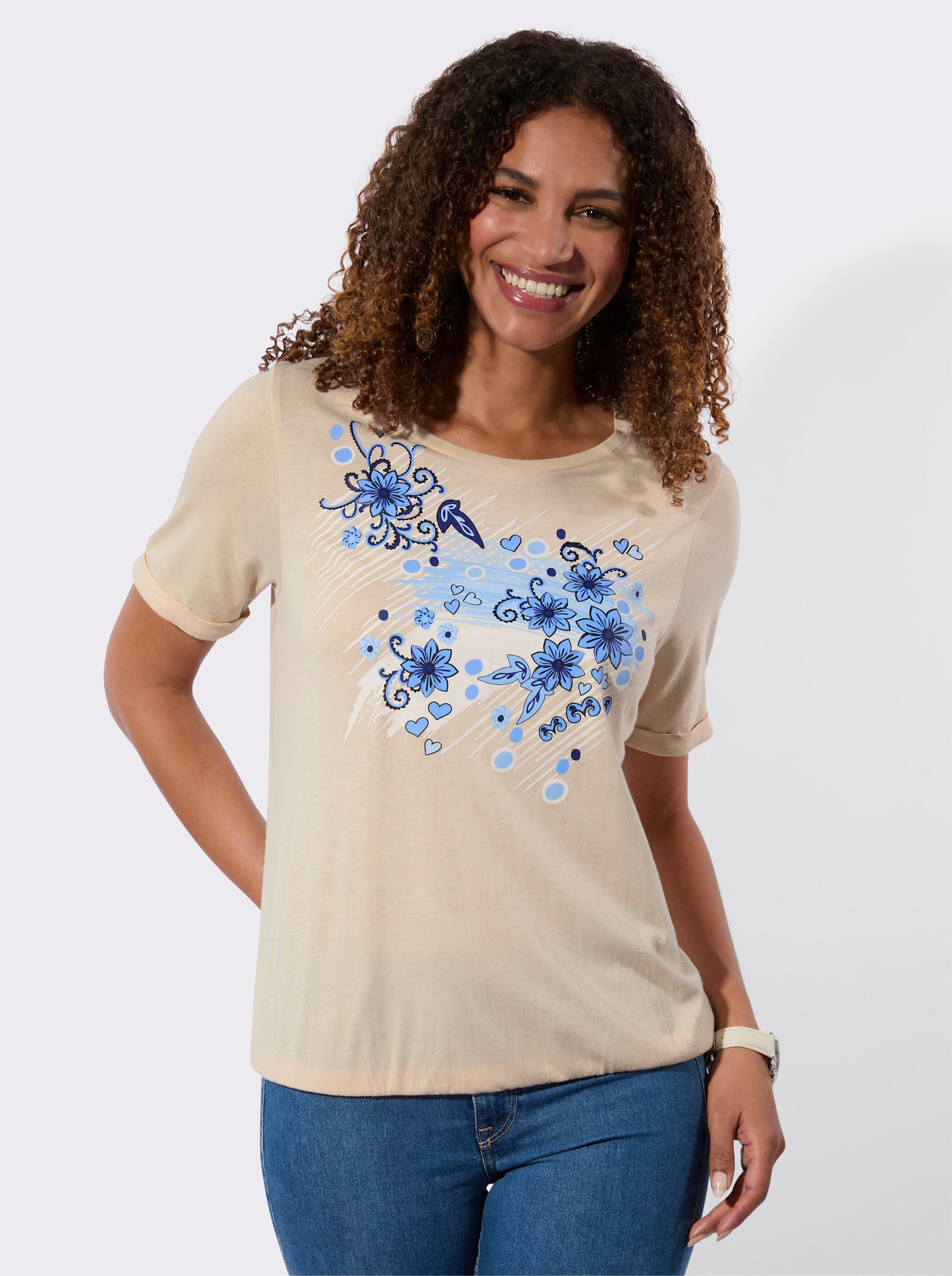 Kurzarmshirt - elfenbein-royalblau-bedruckt