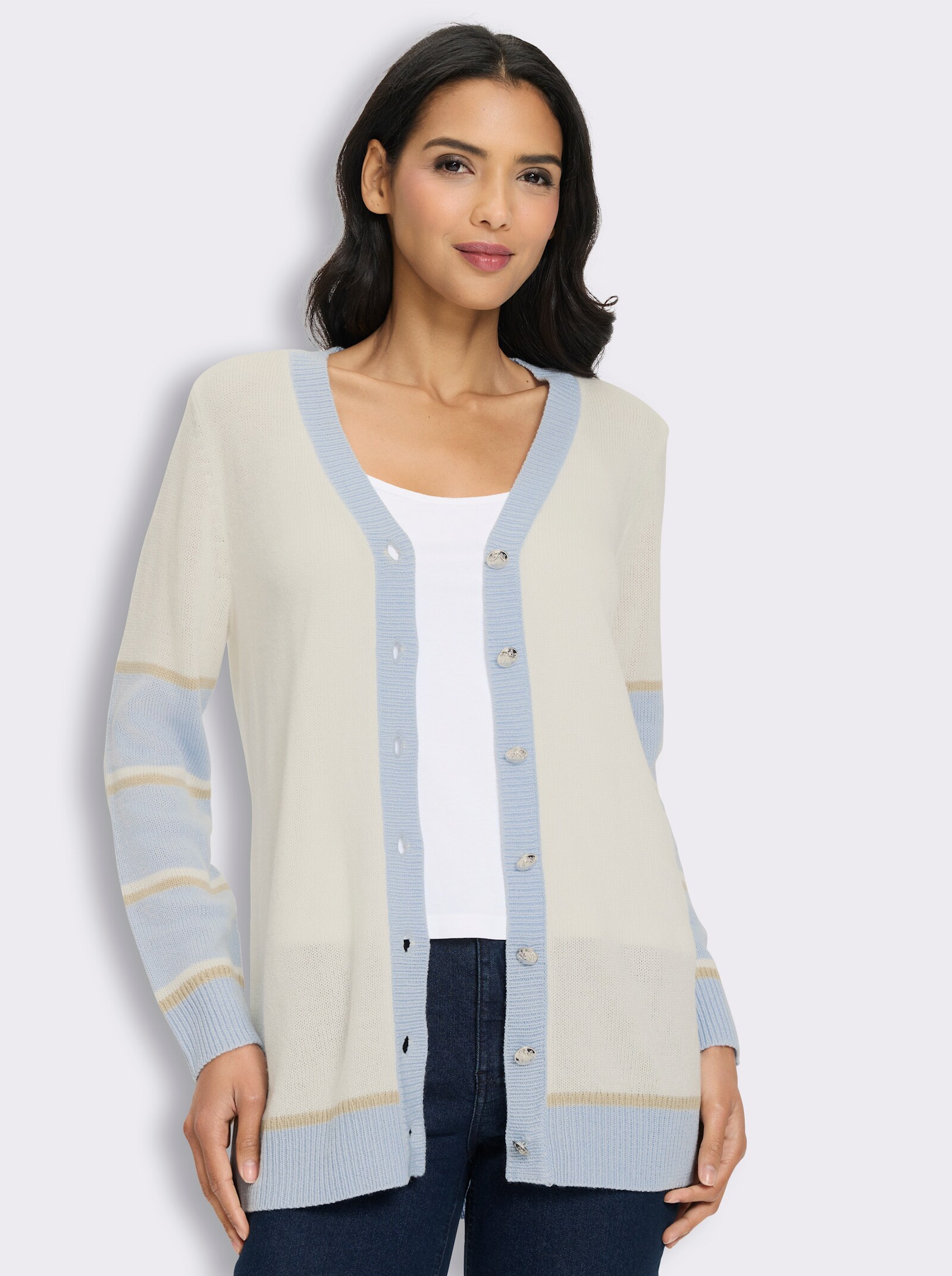 Longstrickjacke mit silberfarbenen Schmuckknöpfen - ecru-hellblau-gemustert