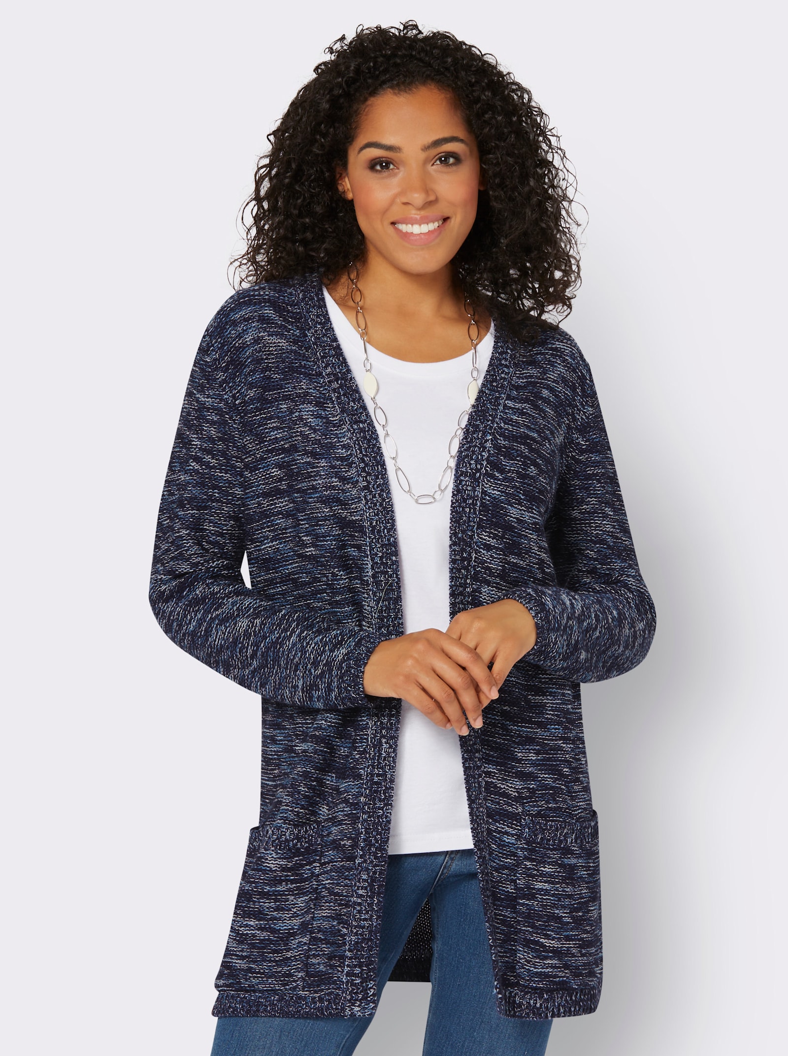 Strickjacke in Longform, meliert - marine-meliert
