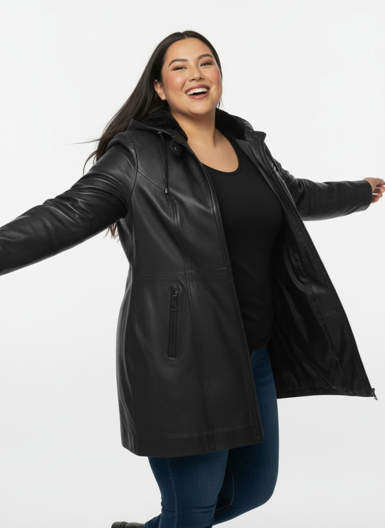 Lederjacke mit abnehmbarer Kapuze - schwarz