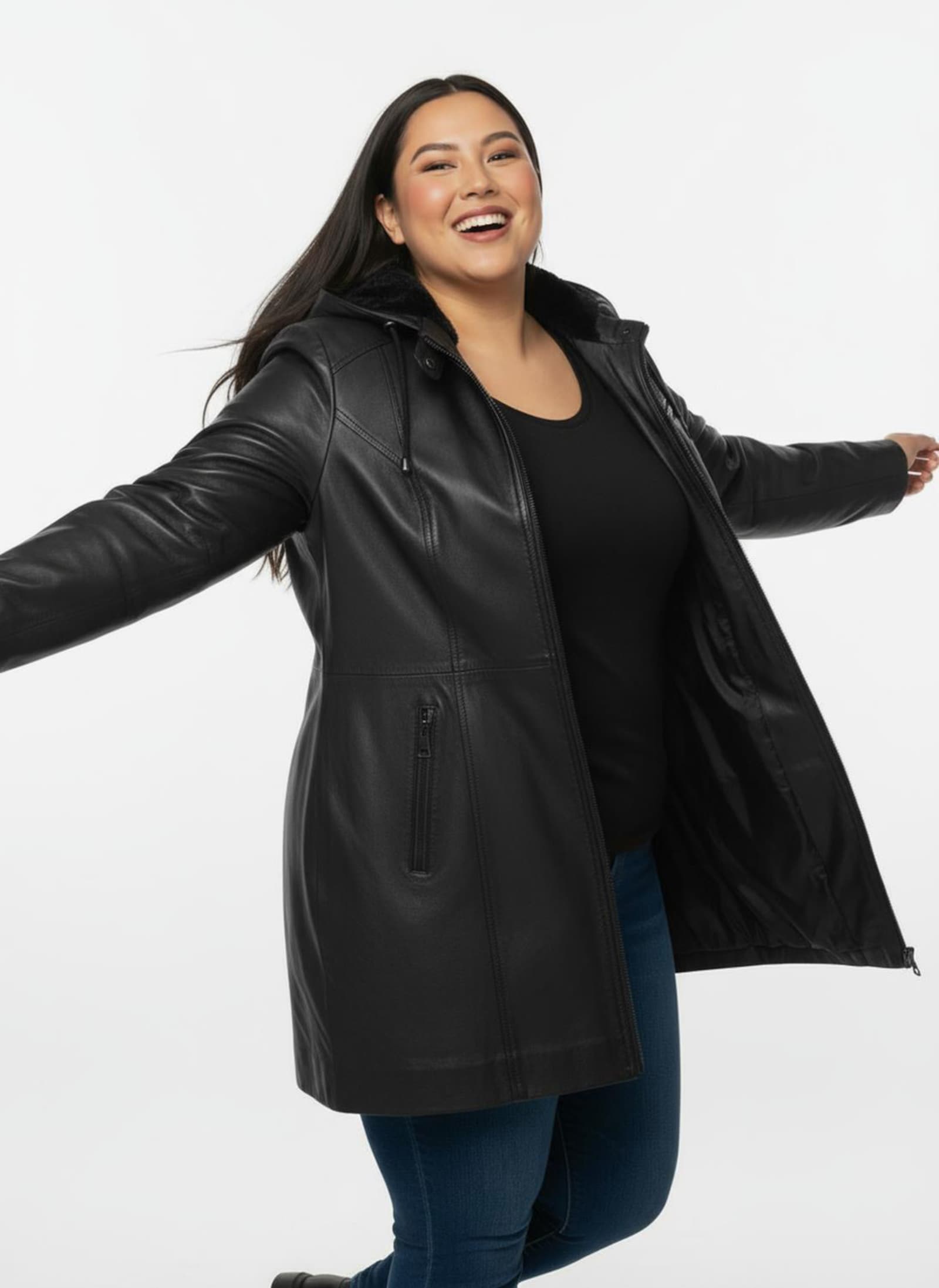 Lederjacke mit abnehmbarer Kapuze - schwarz