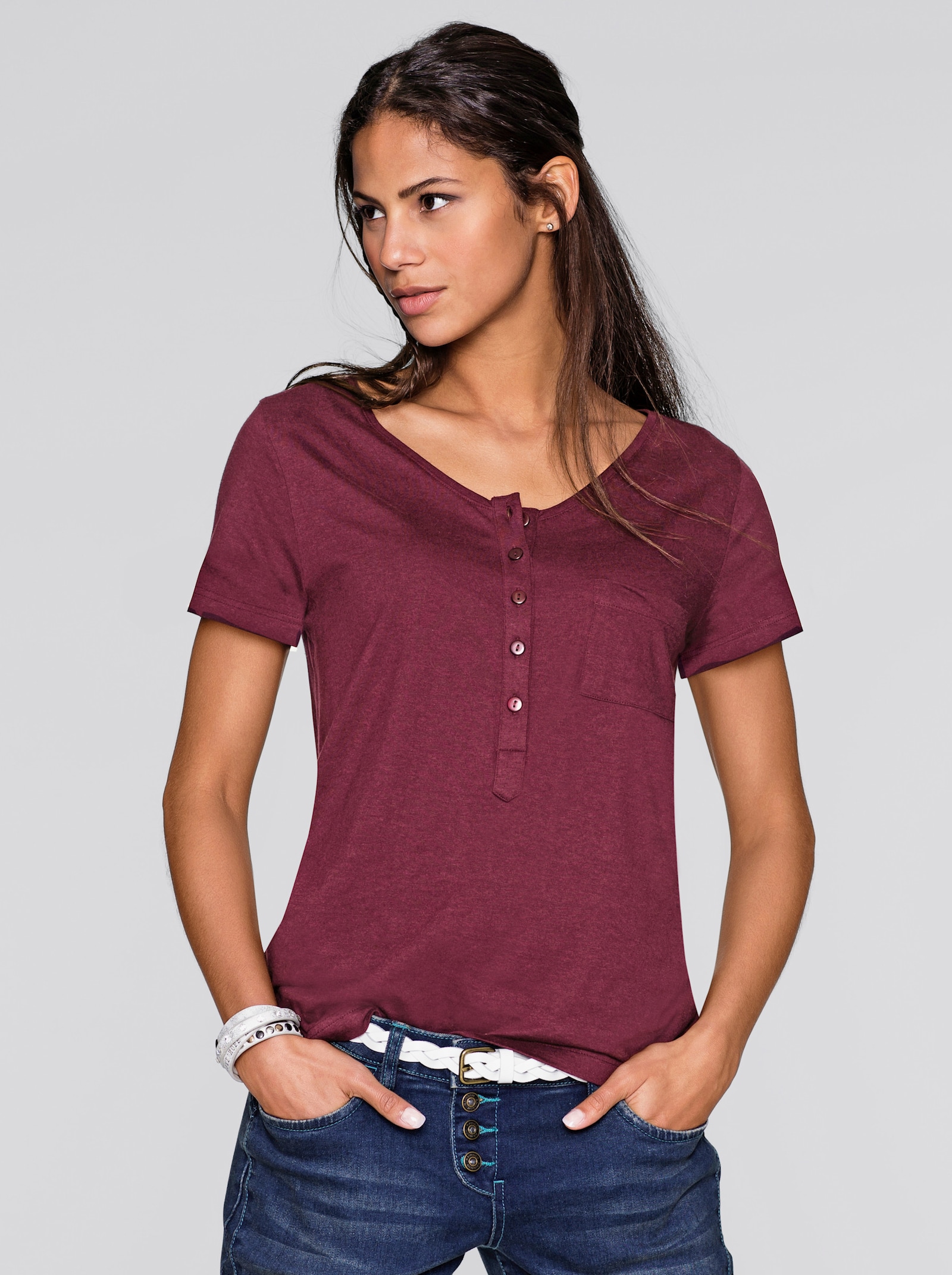 Kurzarmshirt im Baumwoll-Modal-Mix - bordeaux