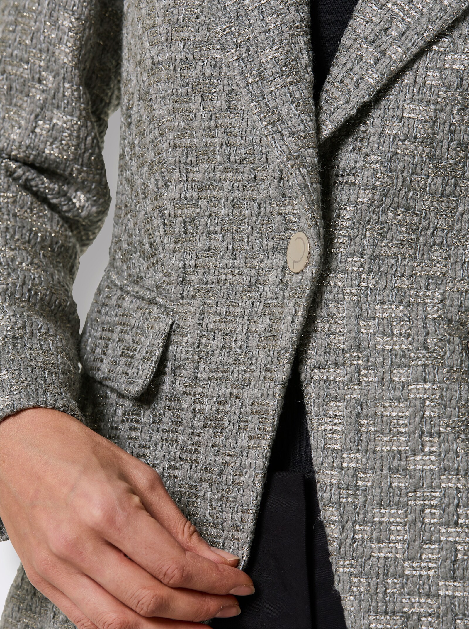 CREATION L PREMIUM Bouclé-Blazer mit schräger Kante - grau-goldfarben-gemustert