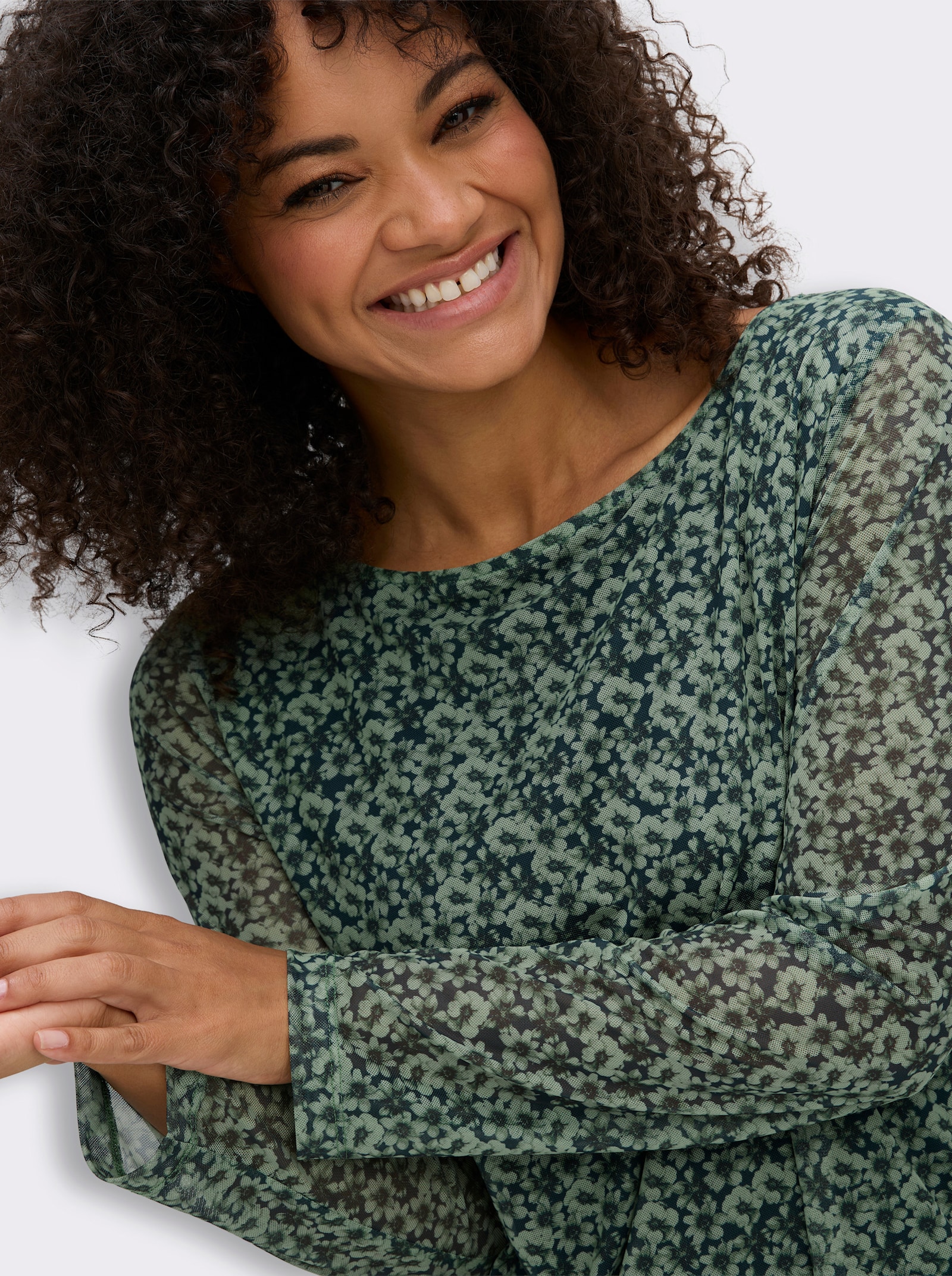 sheego Langarmshirt aus Mesh, mit Blumenprint - petrol-eucalyptus-bedruckt