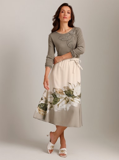CREATION L PREMIUM Rundhalspullover mit Metallkettchen-Applikation - schlamm