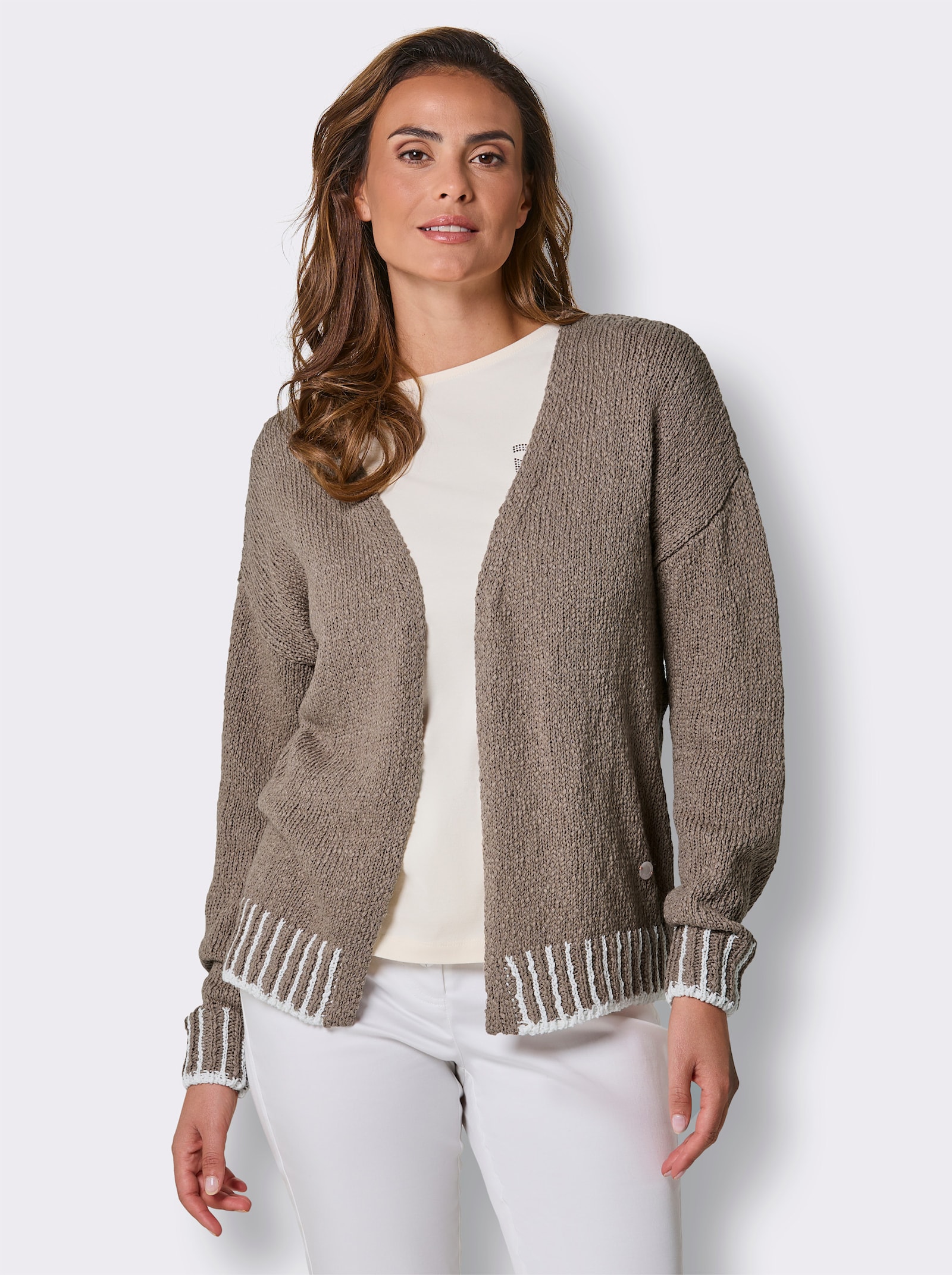 CREATION L PREMIUM Strickjacke mit Kontrast-Streifen - taupe