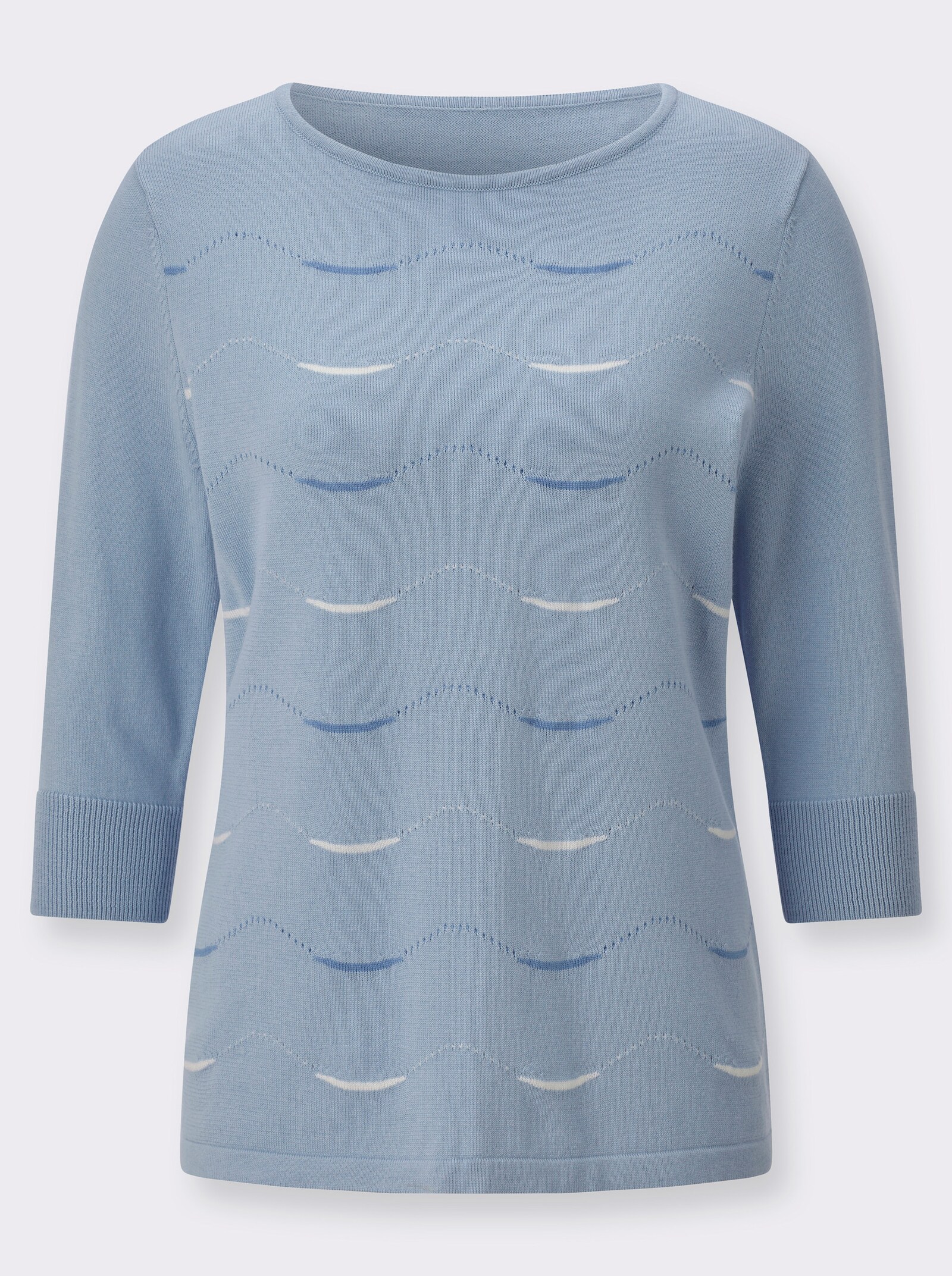 3/4-Arm-Pullover mit Wellenmuster - hellblau-ecru