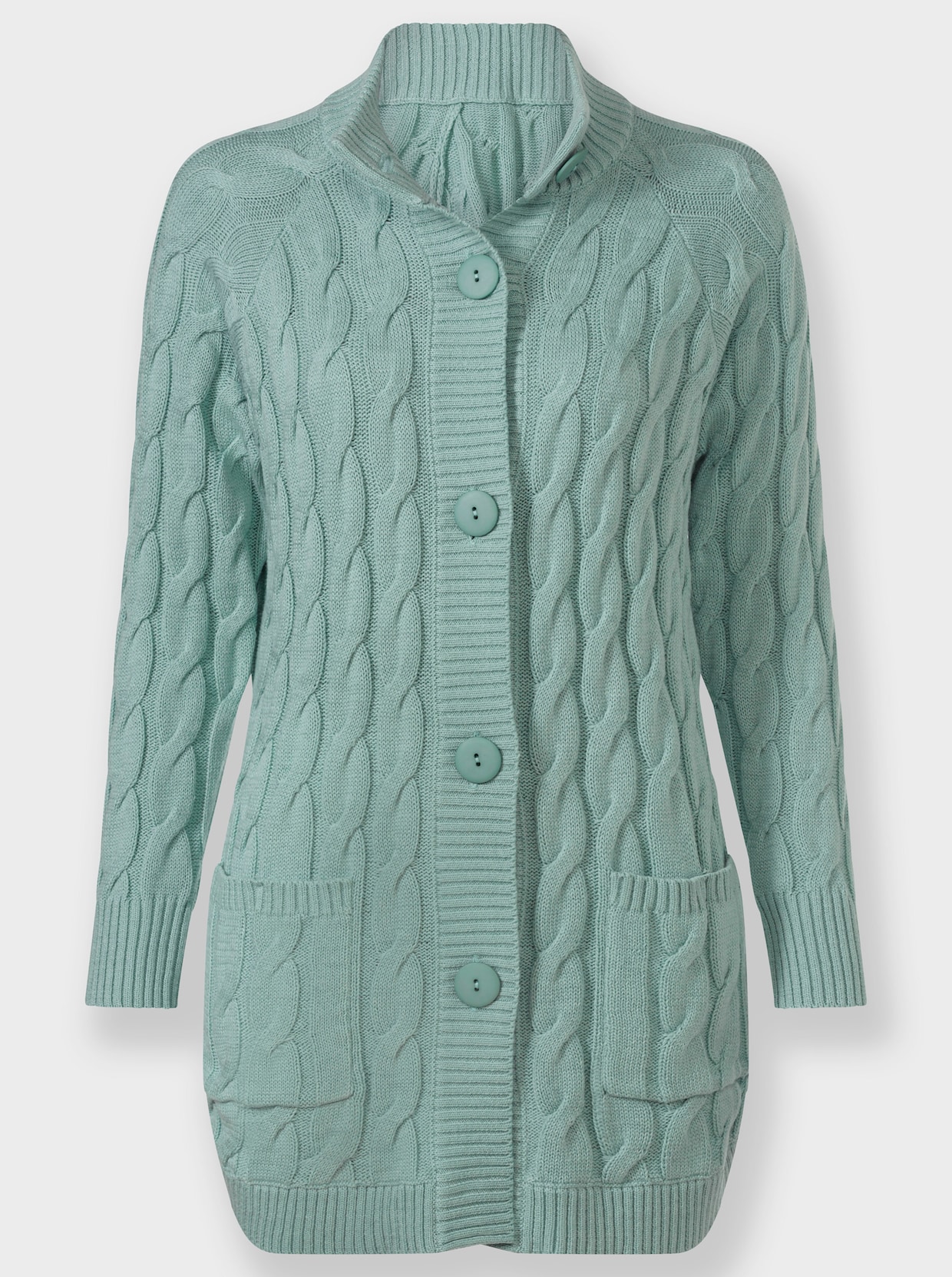 Longstrickjacke mit Zopf-Strickmuster - kalkmint